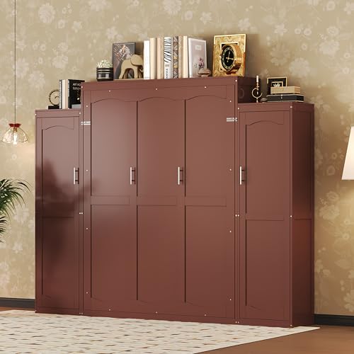KLMM Wooden Murphy Bed Wall Bed with 2 Wardrobe and Storage Shelf,Foldable Platform Bedframe for Guest-Room Bedroom Study Office Use (White#E, Full)