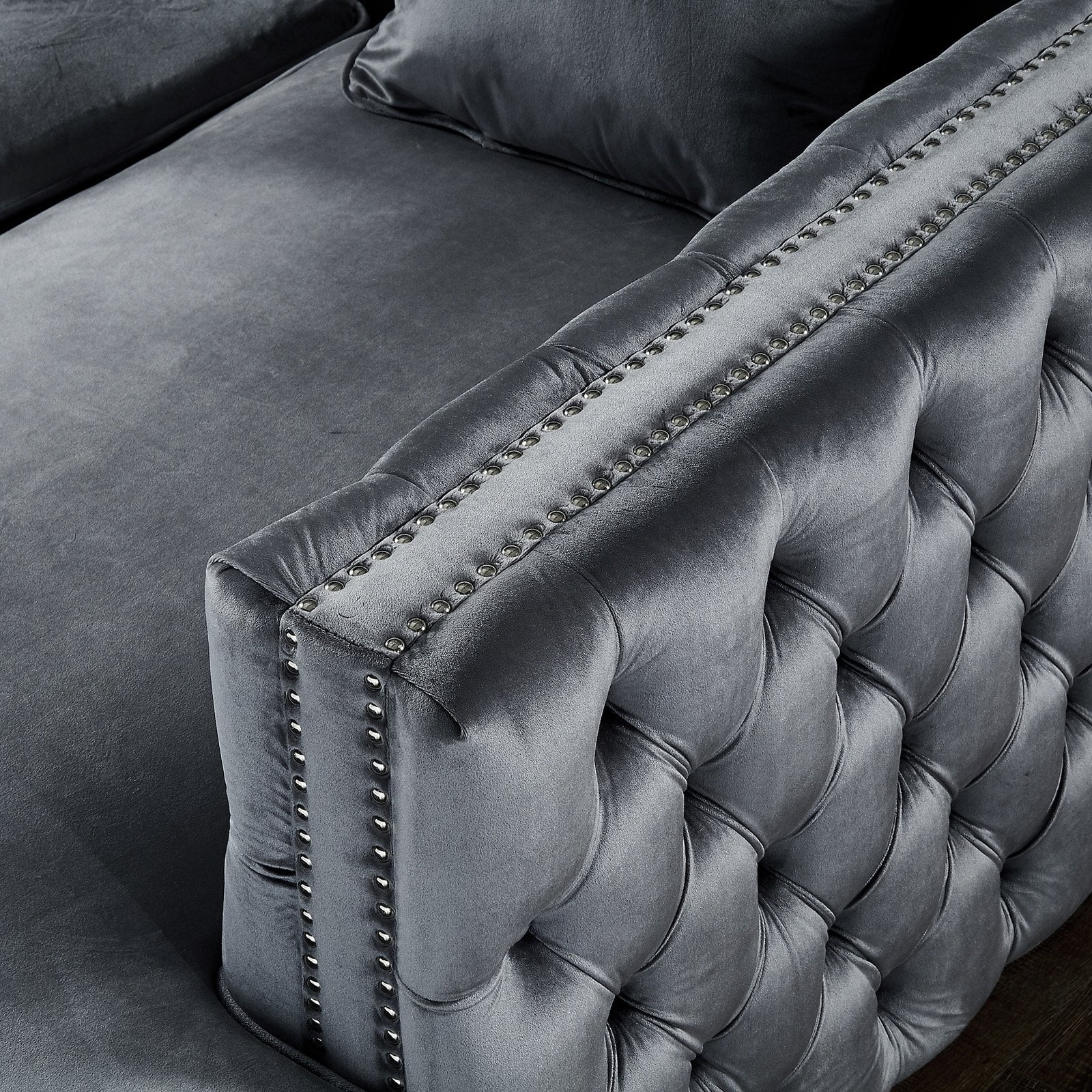 Inspired Home Sania Velvet Corner Sectional Sofa 120" Right Facing Button Tufted Nailhead Trim, Grey