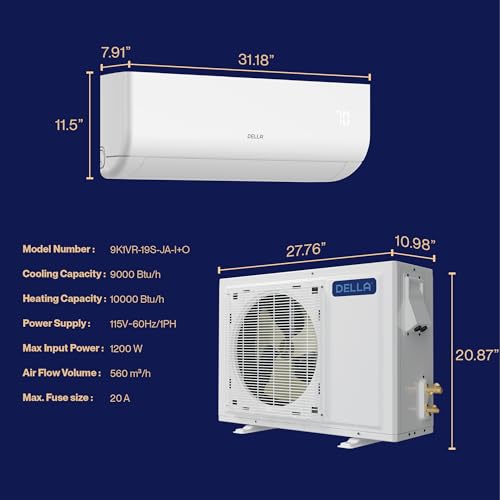 DELLA 9-24K BTU JA Series Wifi Enabled 17/19/20 SEER2 Energy Efficient Mini Split Air Conditioner & Heater Ductless Inverter System Pre-Charged Heat Pump