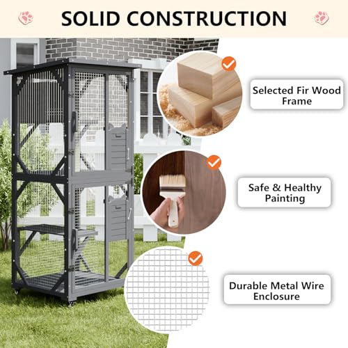 LEMBERI Cat House Outdoor Catio Cat Enclosures on Wheels, 71" Large Outside Patio Wooden Cat Cage Resting Box,Scratching Post, Waterproof Roof (Gray, 71")