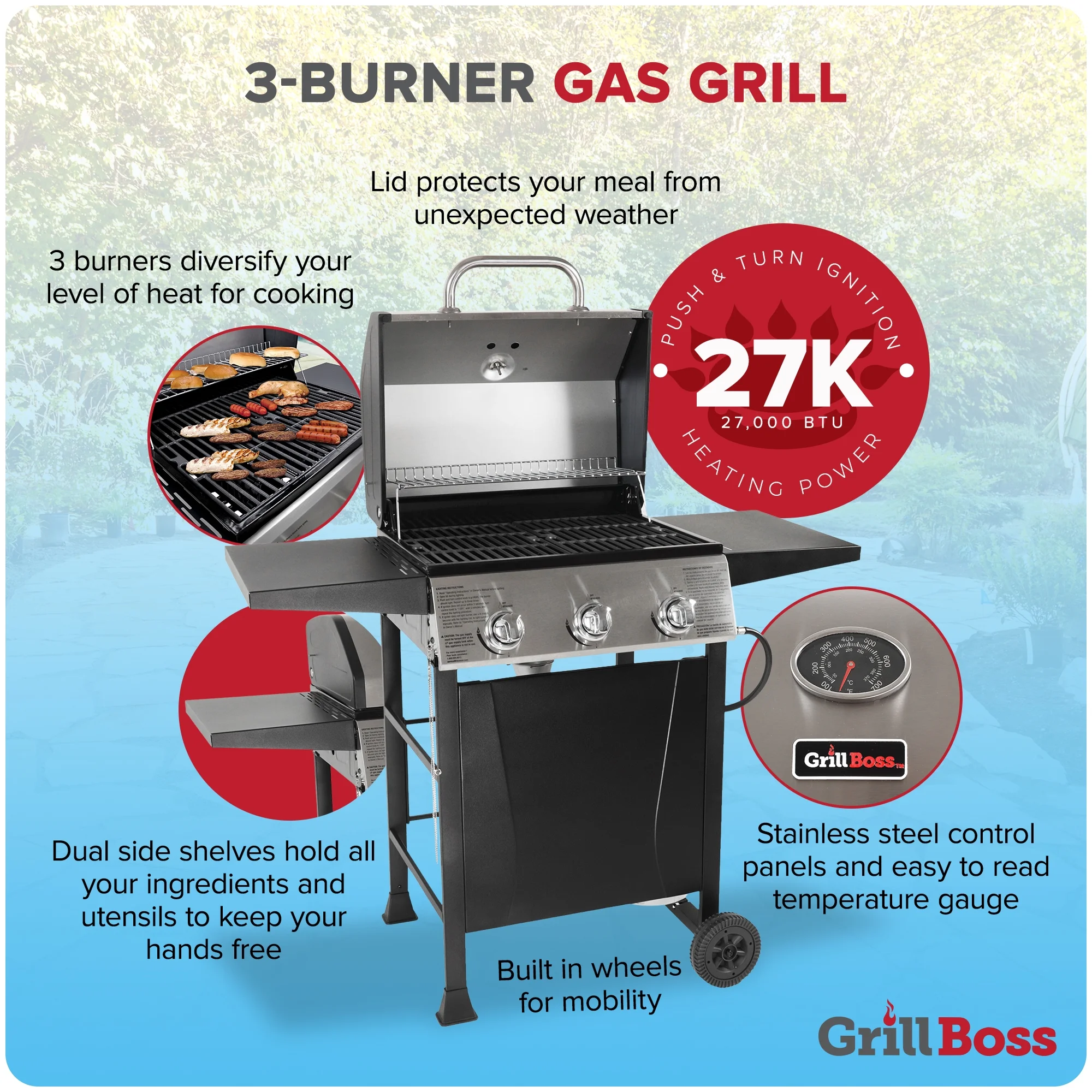 Grill Boss 4-Burner Gas Grill w/ Side Burner, Cover, and Side Shelves
