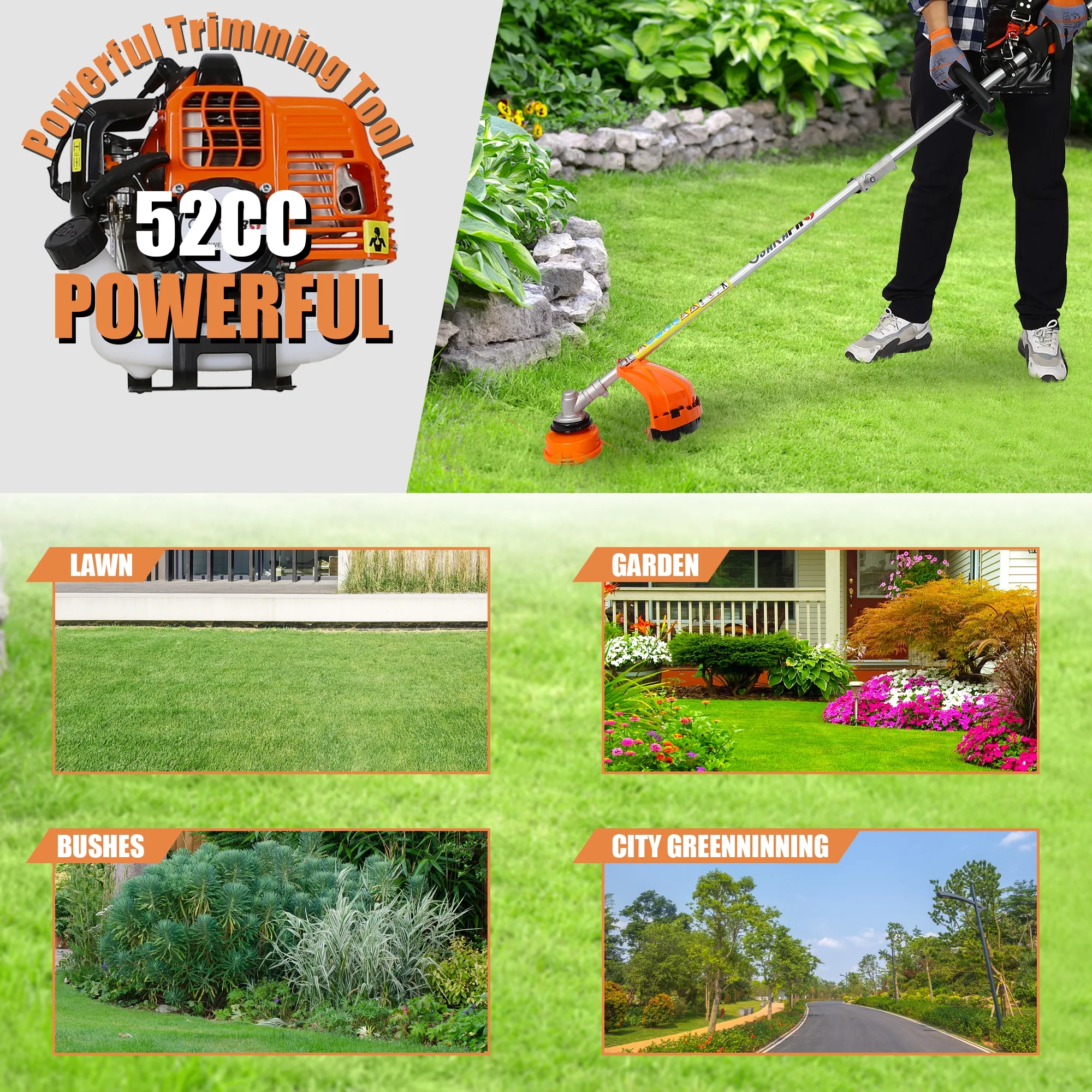 Backpack 52CC 2-Cycle Grass Trimmer, Sesslife 4 In 1 Gas Powered Lawn Mower Full Crankshaft Grass Edger with Gas Pole Saw, Hedge Trimmer, Grass Trimmer, Brush Cutter Attachment, Orange
