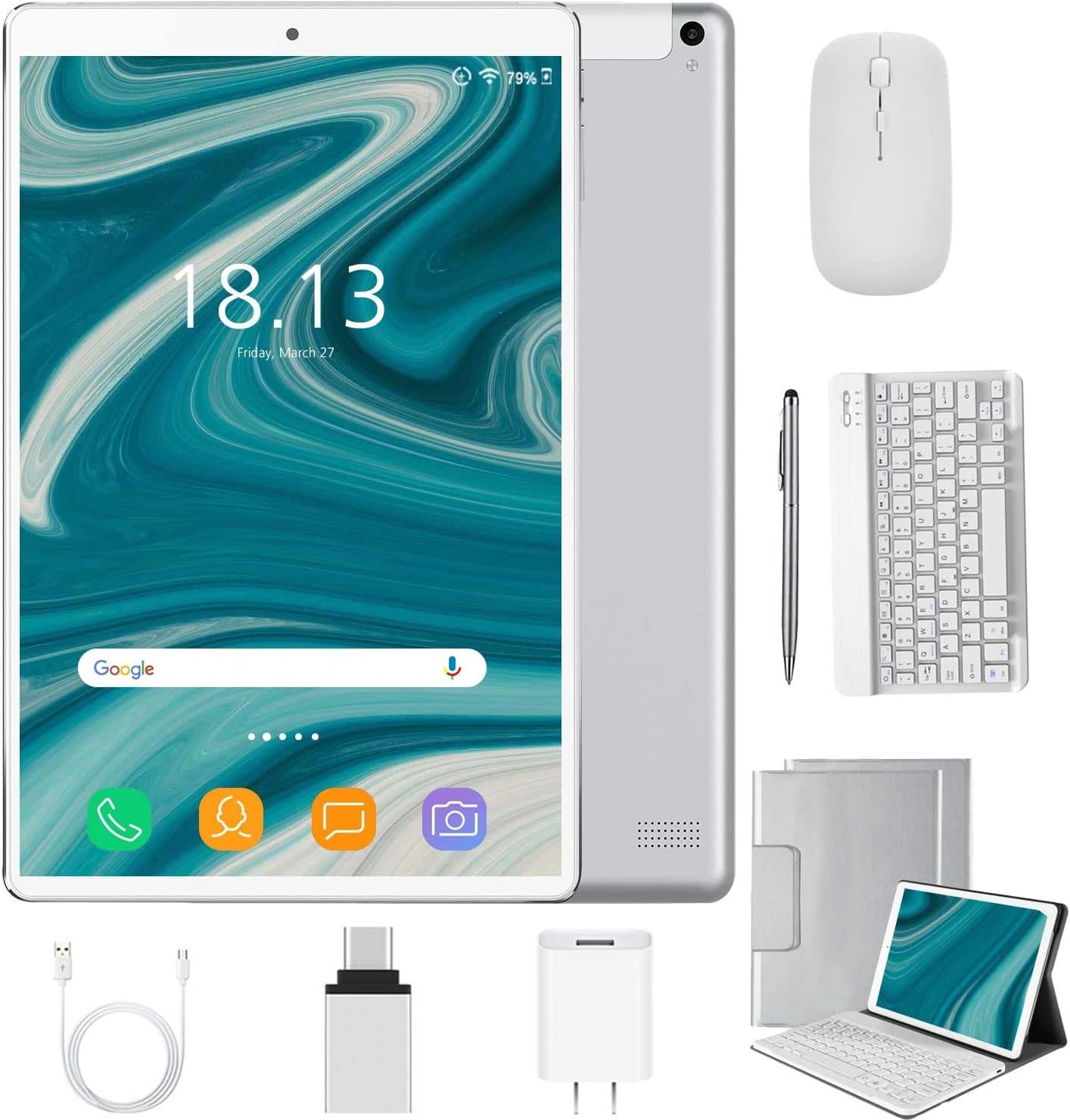2 in 1 Tablets 10 Inch, Android 9 Tablet PC with Wireless Keyboard Case, 4GB RAM 64GB ROM/128GB Computer Tablets, Quad Core, HD/IPS, 8000mAh, Dual 4G SIM/WiFi (Gold)