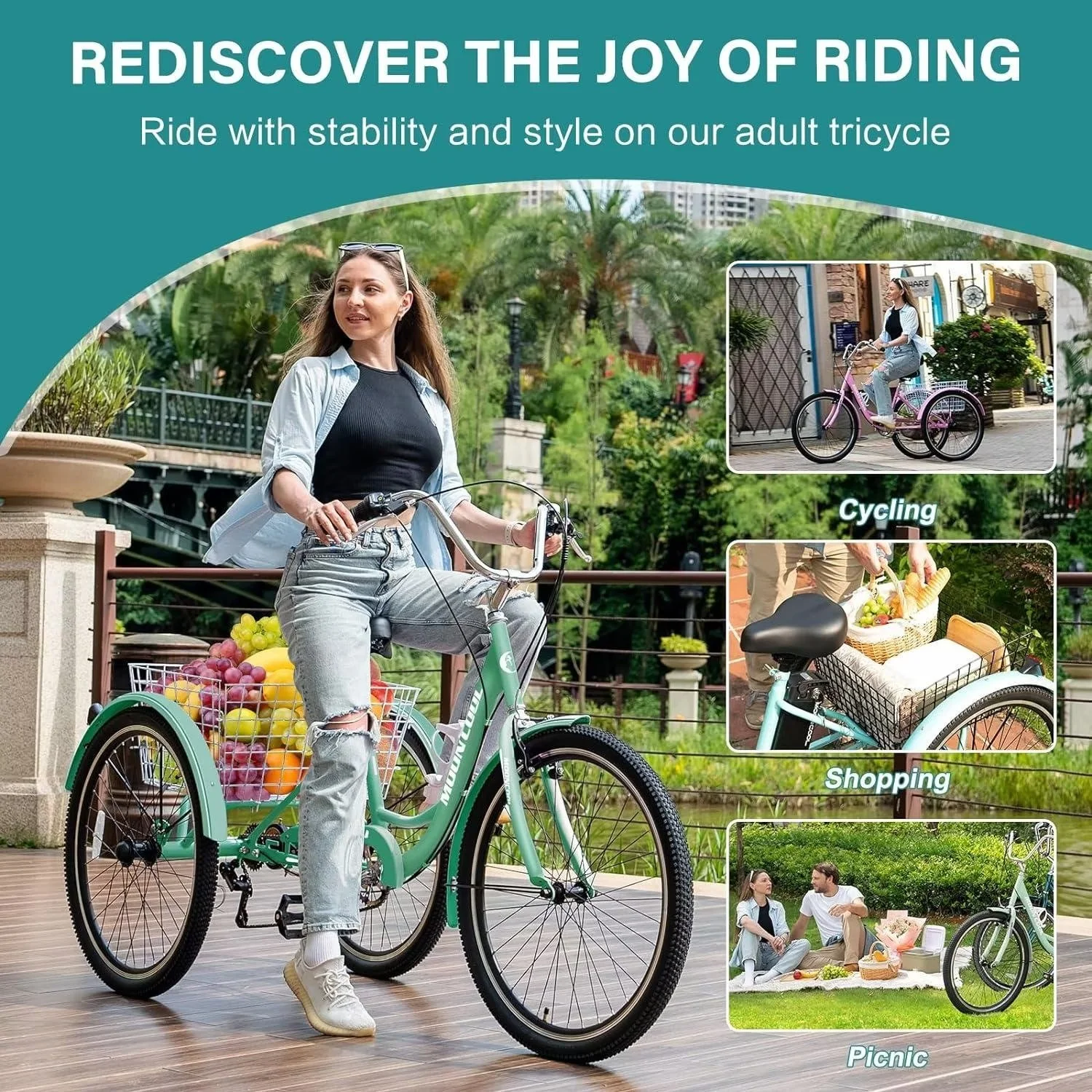 MOPHOTO Adult Tricycles 3 Wheel 7 Speed Trikes, 20/24/26 inch with Big Basket for Shopping, Picnics Exercise Men's Women's Senior's Trike