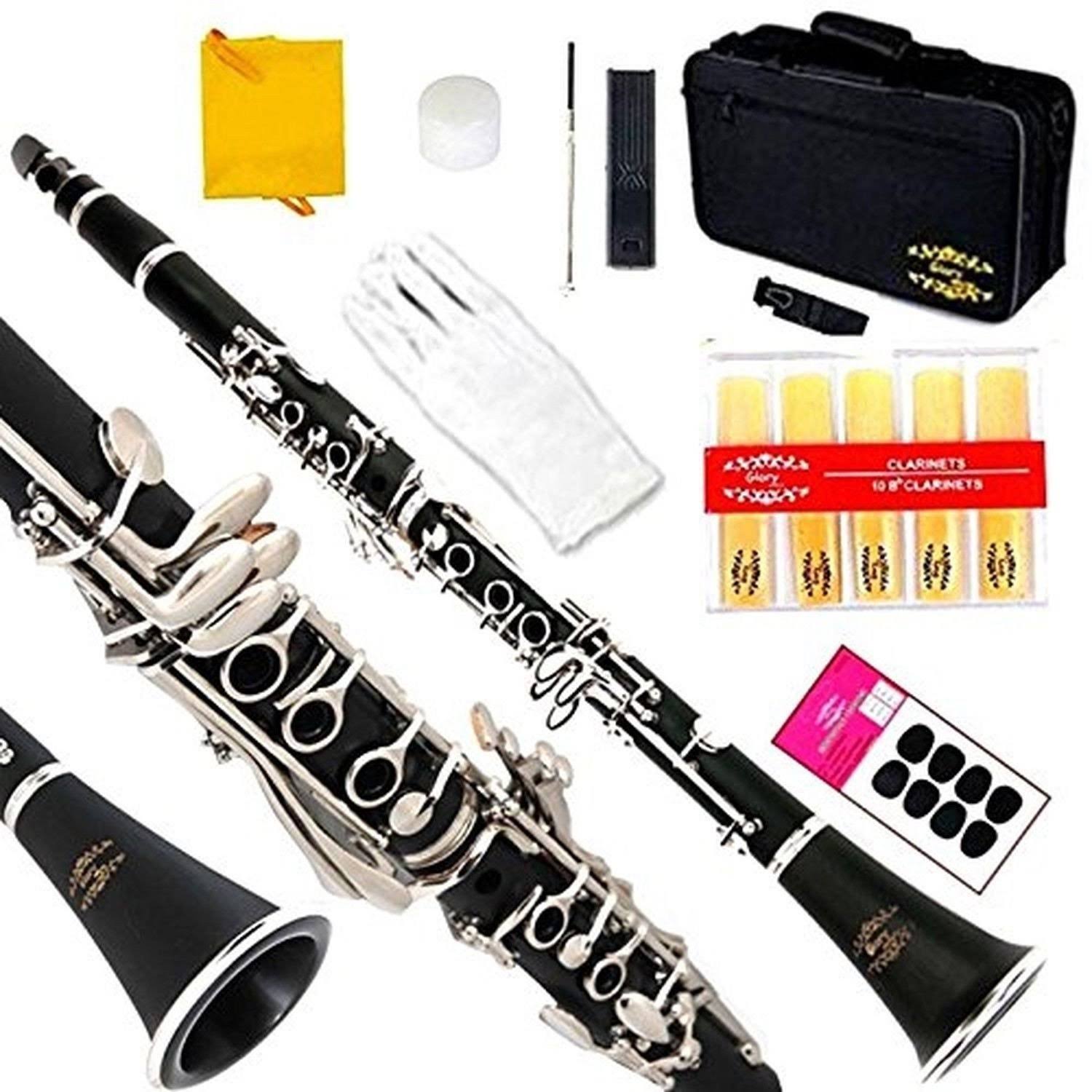 Glory B Flat Clarinet with Second Barrel, 11reeds,8 Pads cushions,case,carekit and More Black/Silver Keys