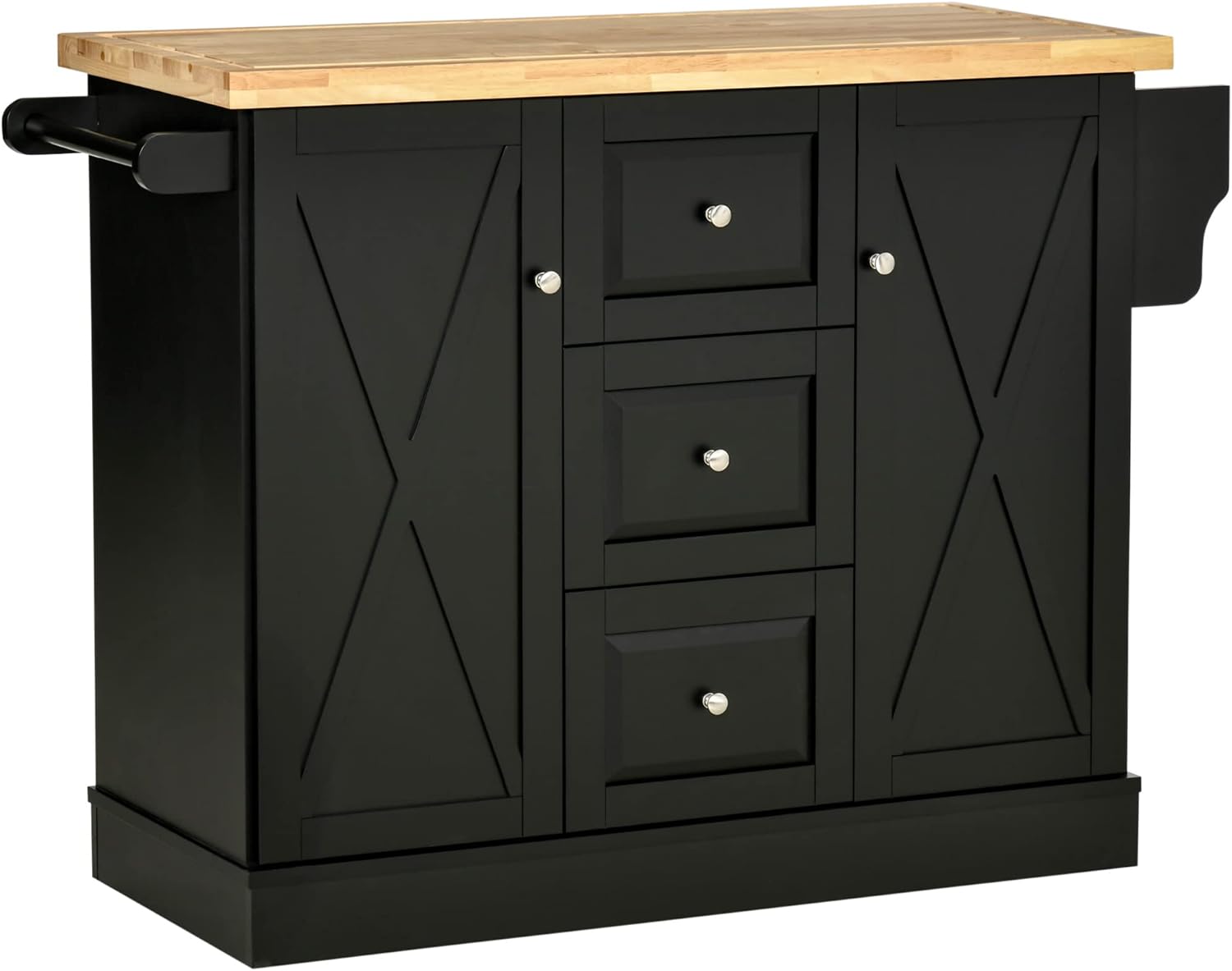 HOMCOM Rolling Kitchen Island with Storage, Kitchen Cart with Wood Top, 3 Drawers and 2 Barn Door Style Cabinet, Adjustable Shelves, Spice Rack, Black