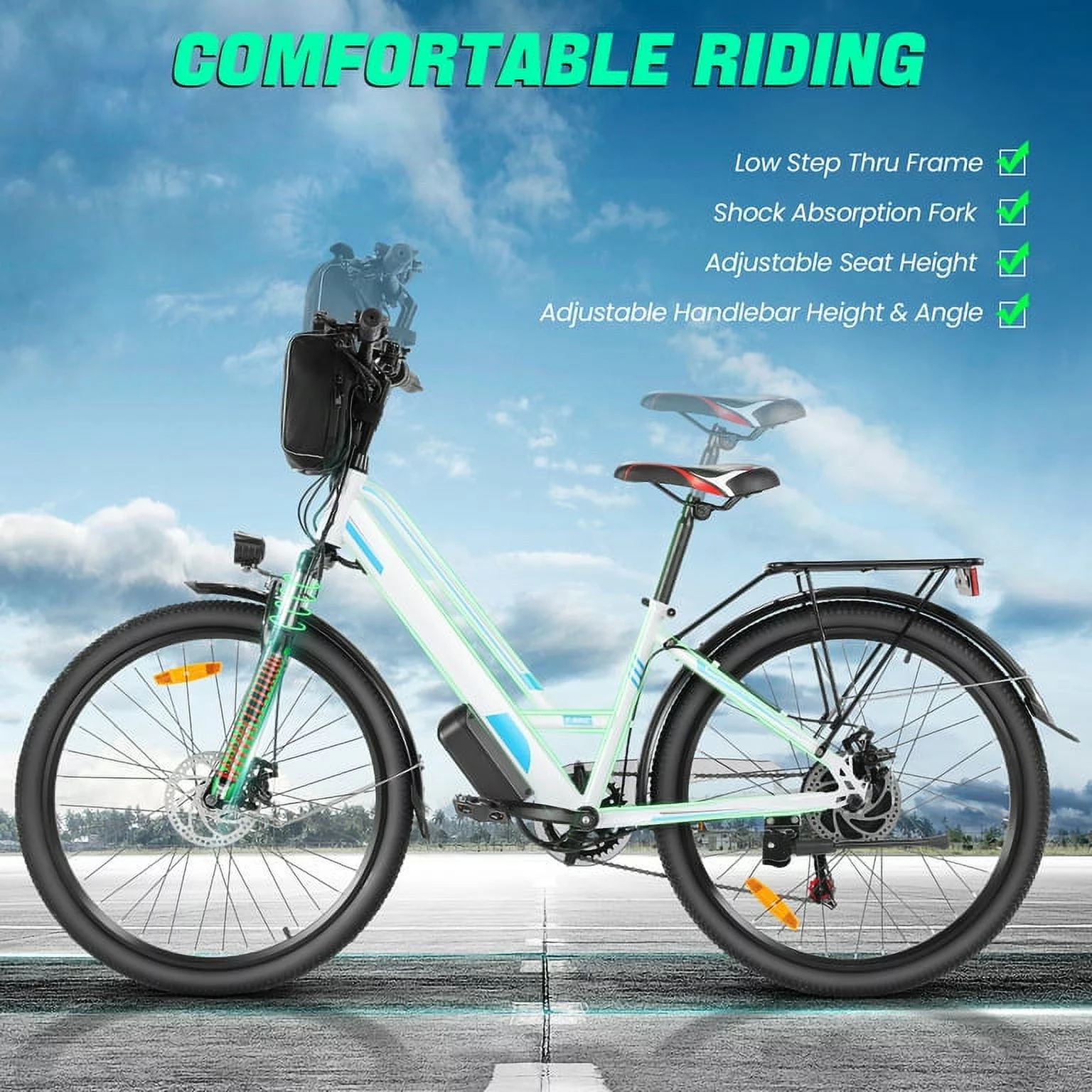 Gocio 500W 26'' Electric Bike 48V Electric Bicycle for Adults, 19MPH Cruiser Ebike, Electric Commuter Bike with Carrier Rack, Low Step Frame Shimano 7 Speed for Men Women Senior