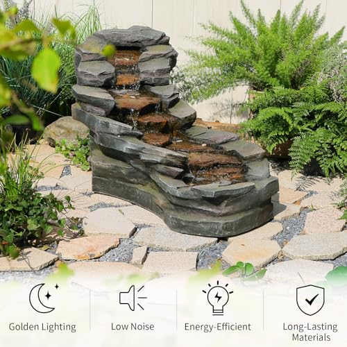 37" L Garden Outdoor Water Fountain, Floor Standing 5-Tiers Rock Natural Waterfall Outdoor Fountains with LED Lights for Patio, Porch, Home Art Decor