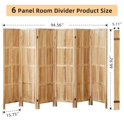 Wood Room Divider 4 Panel, 5.6 FT Tall Room Divider and Folding Privacy Screen, Partition Divider for Room Separation, Wooden Wall Divider Screen for Home Office Bedroom (Retro White)