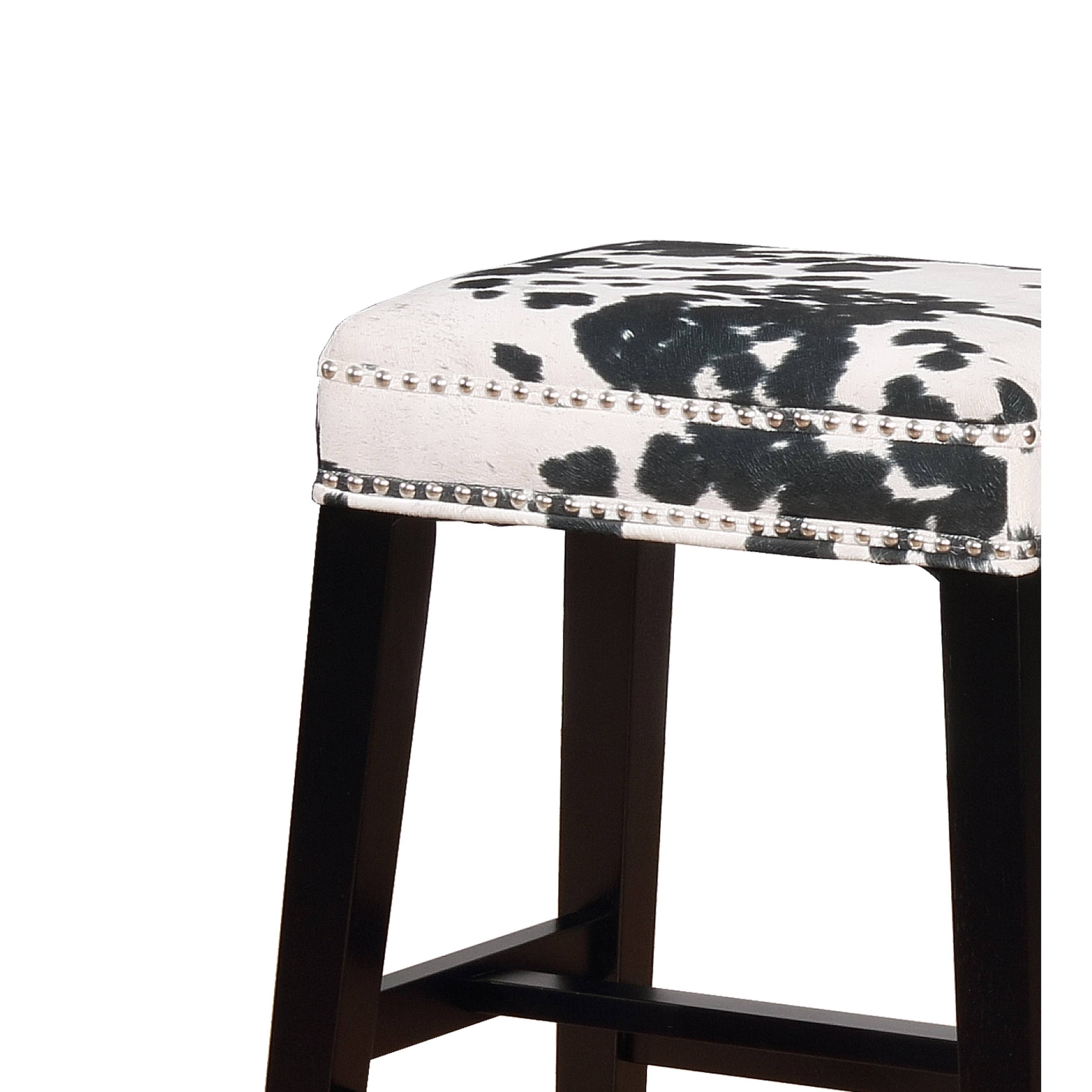 Traditional Style Wooden Bar Stool with Cow Print, Black and White