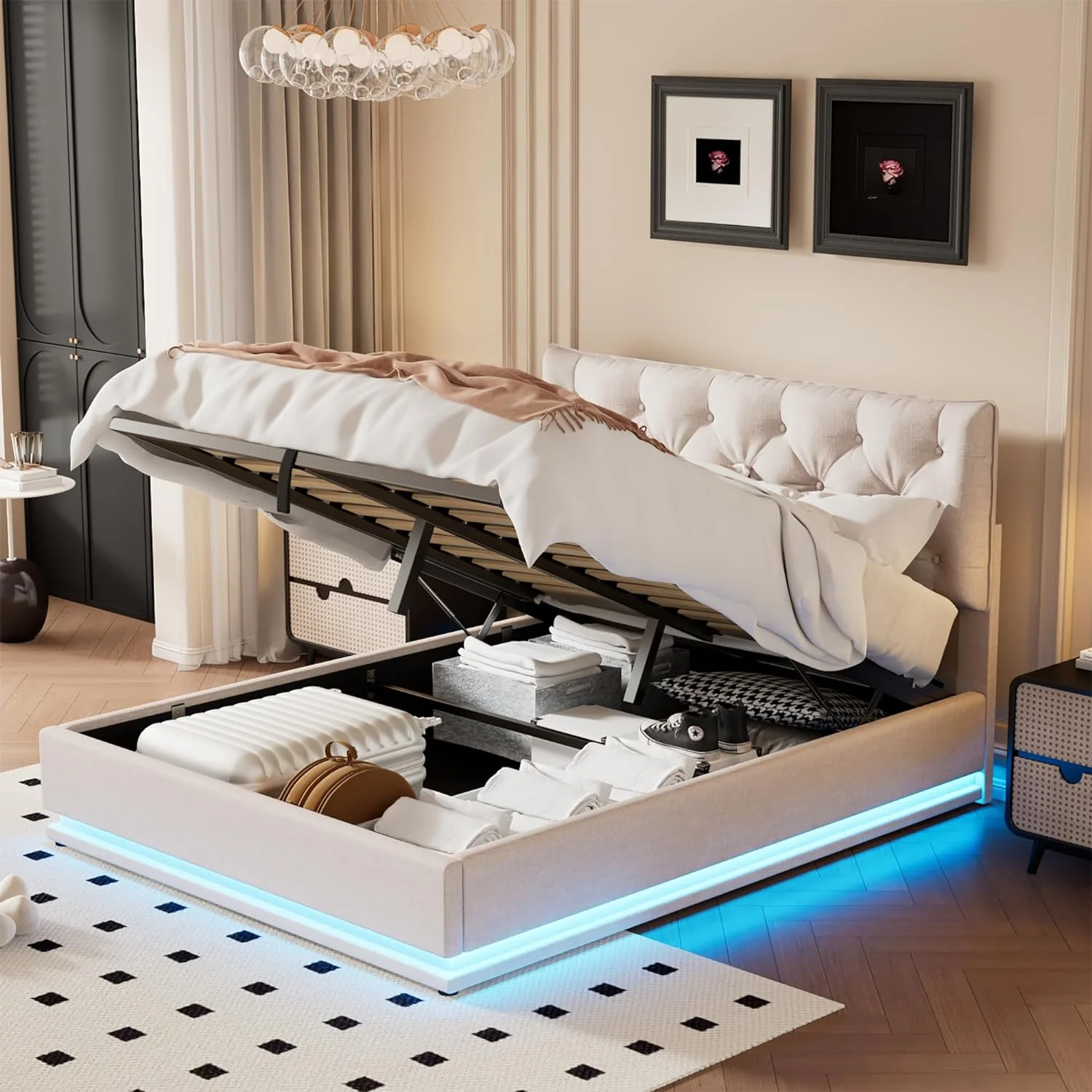 Queen Upholstered Bed With Lift Up Storage And LED Light, Modern Queen Platform Bed With Button-Tufted Headboard, Wood Queen Size Bed Frame For Bedroom, Linen, Beige, HZG-SF000039AAA