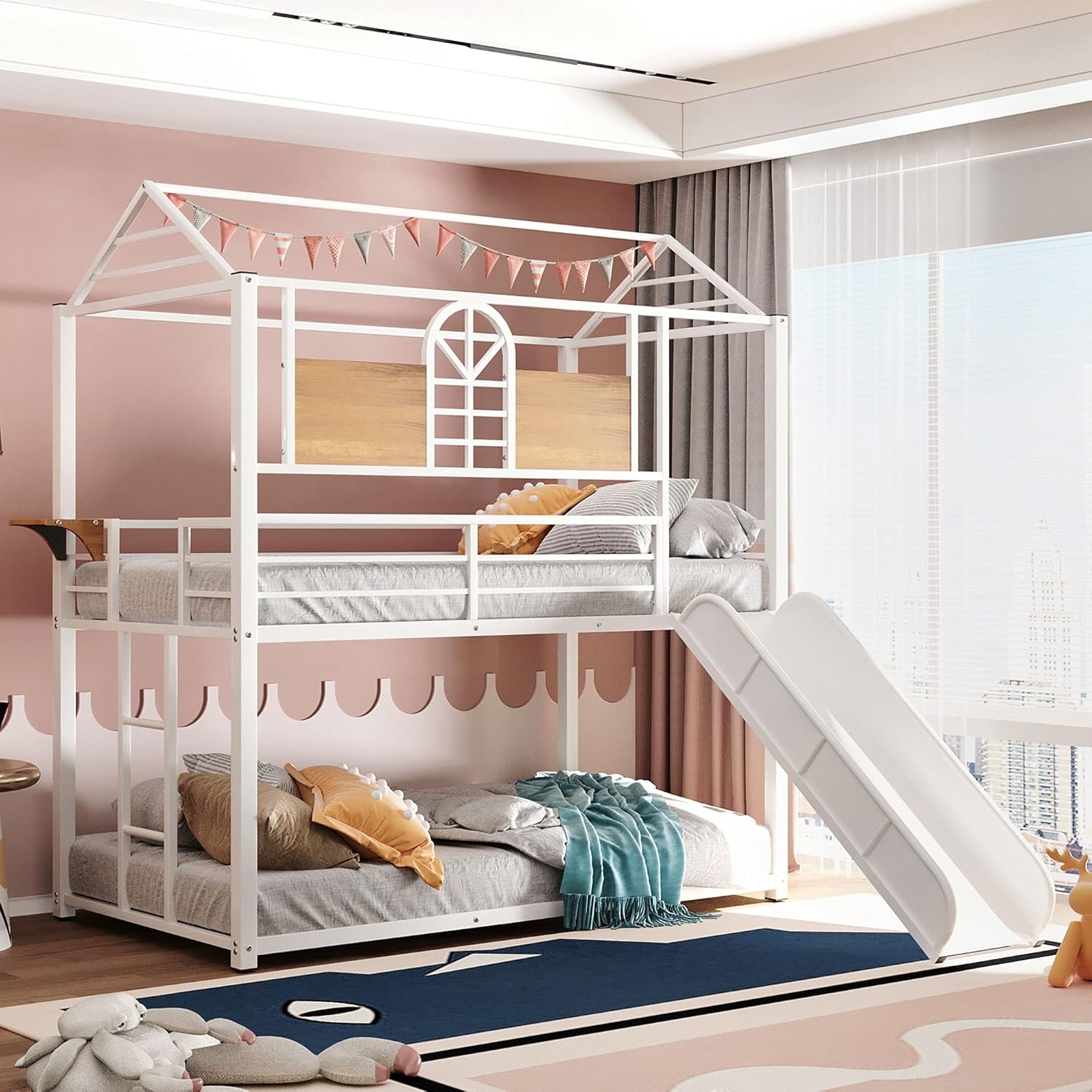 KLMM Twin Over Twin Metal Bunk Bed with Slide and Integrated Ladder, Housebed Bunk Bed for Kids Toddlers, Can be Decorated with Mosquito nets (Black with Black Slide)