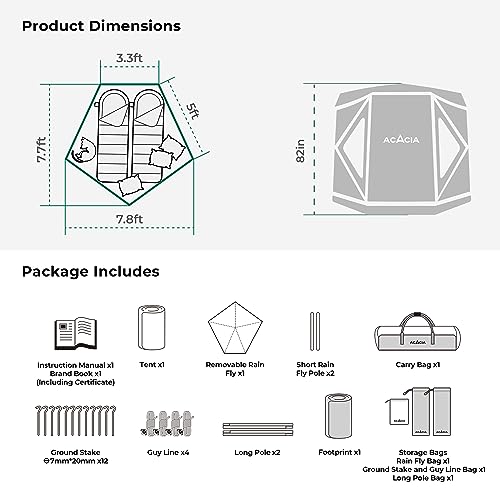 Space Acacia Camping Tent, 2-3 Person Pop Up Tent for Camping with 6'10'' Height, 1 Door, 8 Windows, Waterproof Easy Setup Instant Hub Tent with Removable Rainfly, Footprint for Car Camping, Glamping