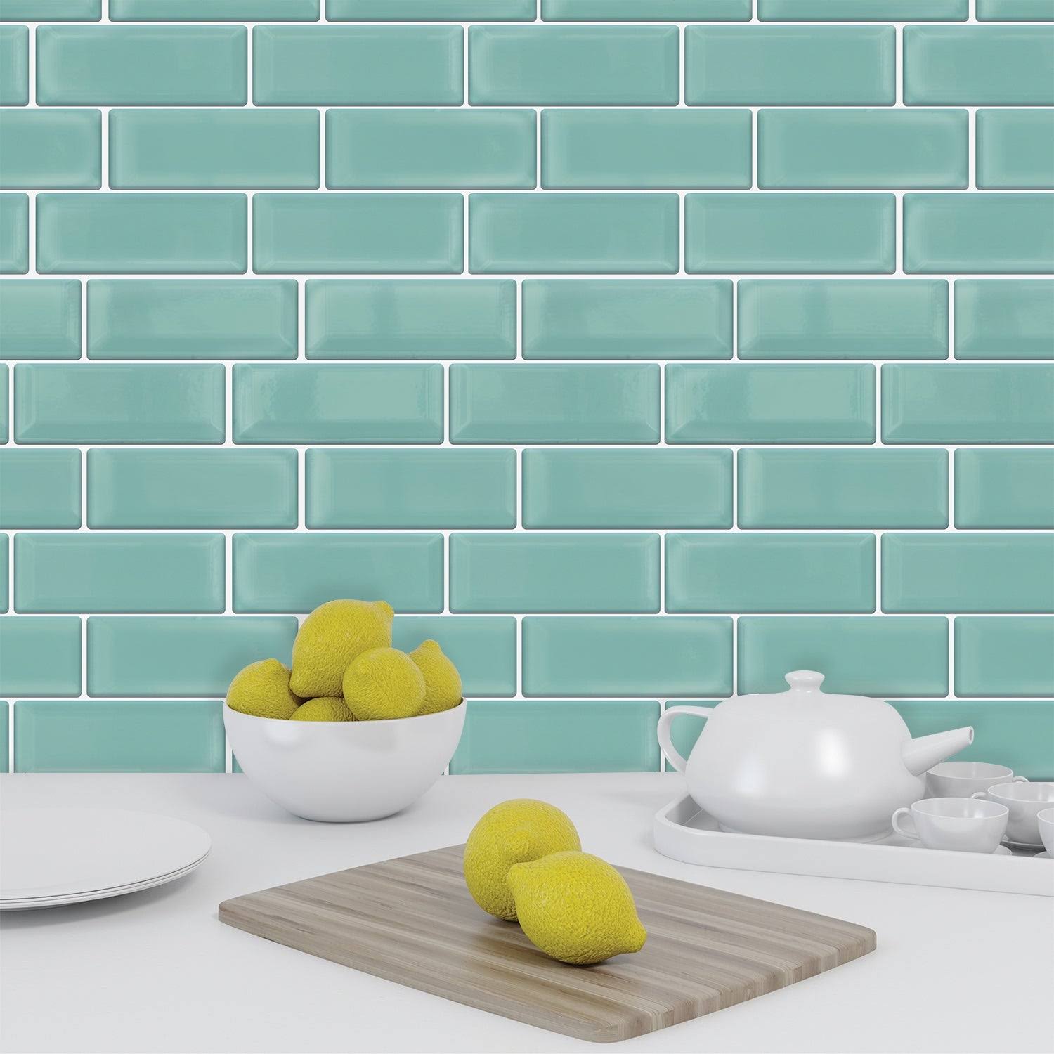 Walplus Capri Sea Glossy 3D Metro Peel and Stick Backsplash Tile Stickers (60pcs - Green)
