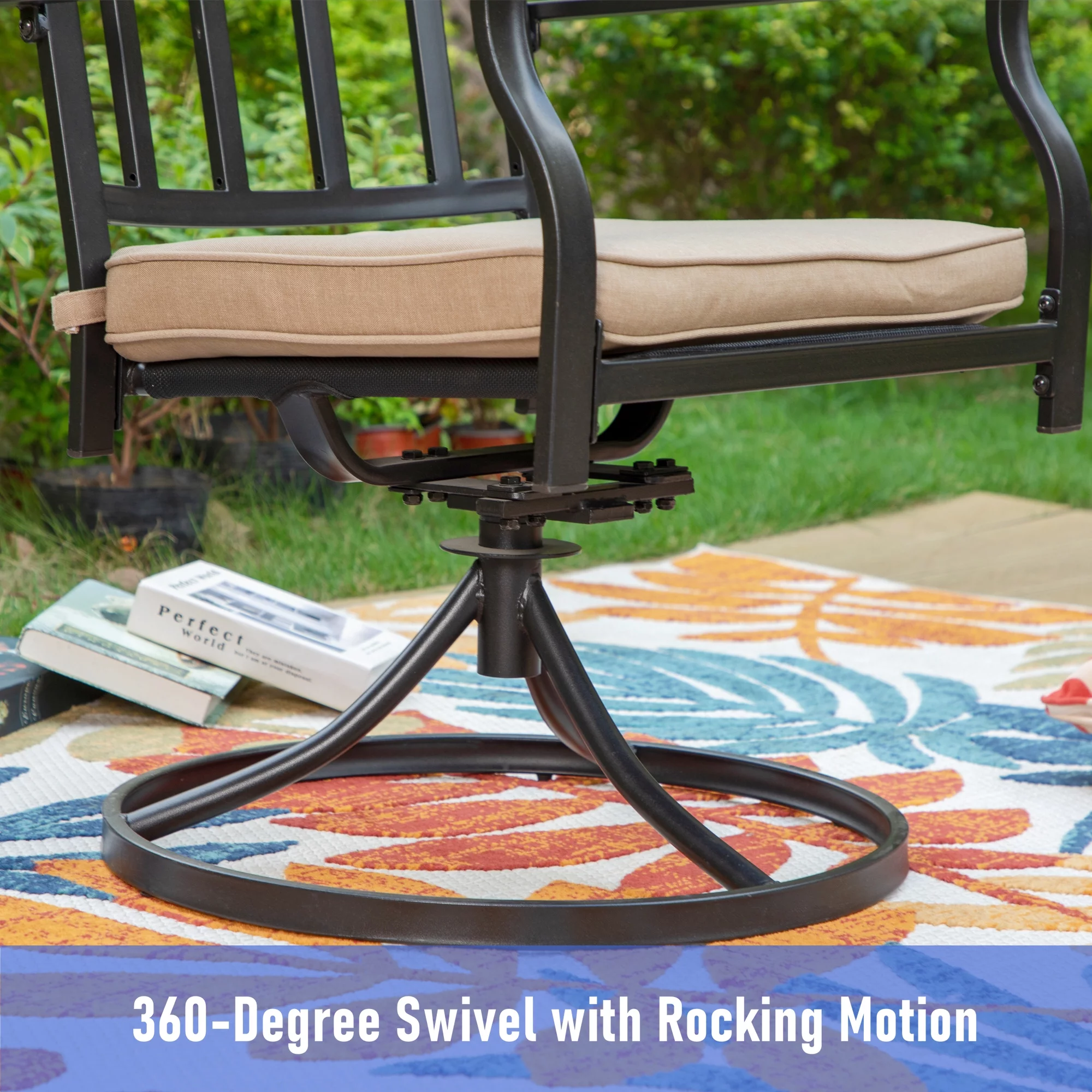 MF Studio 7-Piece Outdoor Dining Set with Swivel Cushioned Chairs & Rectangle Table for 6-Person, Black & Beige