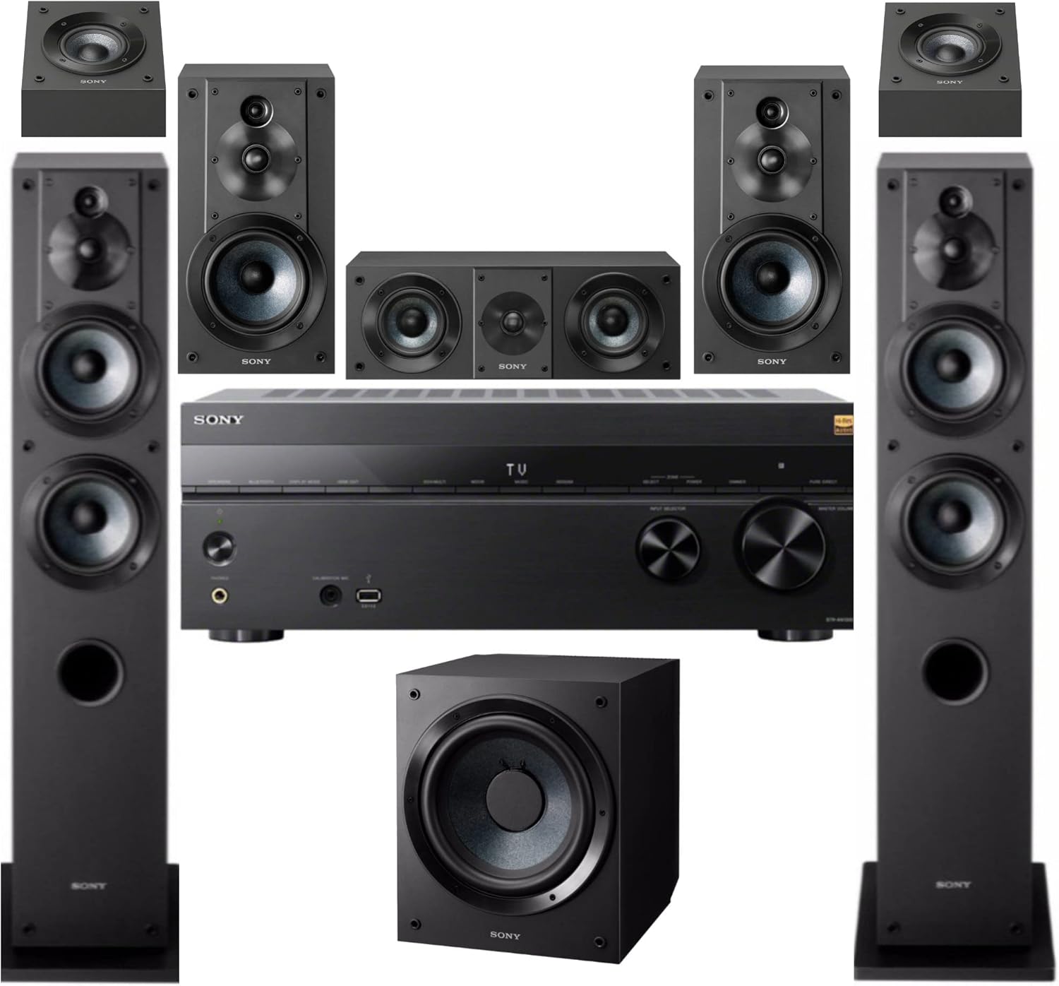 Sony STR-AN1000 7.2 Channel 8K AV Receiver with Dolby Atmos, DTS:X with Complete SONY 8 Speaker System Bundle (7 Items)