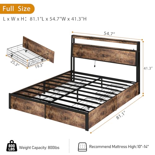 SADENICEL Queen Bed Frame with Storage Headboard and 4 Drawers, Metal Platform Bed Frame with LED Light, Charging Station, No Box Spring Needed, Noise Free, Easy Assembly, Vintage Brown