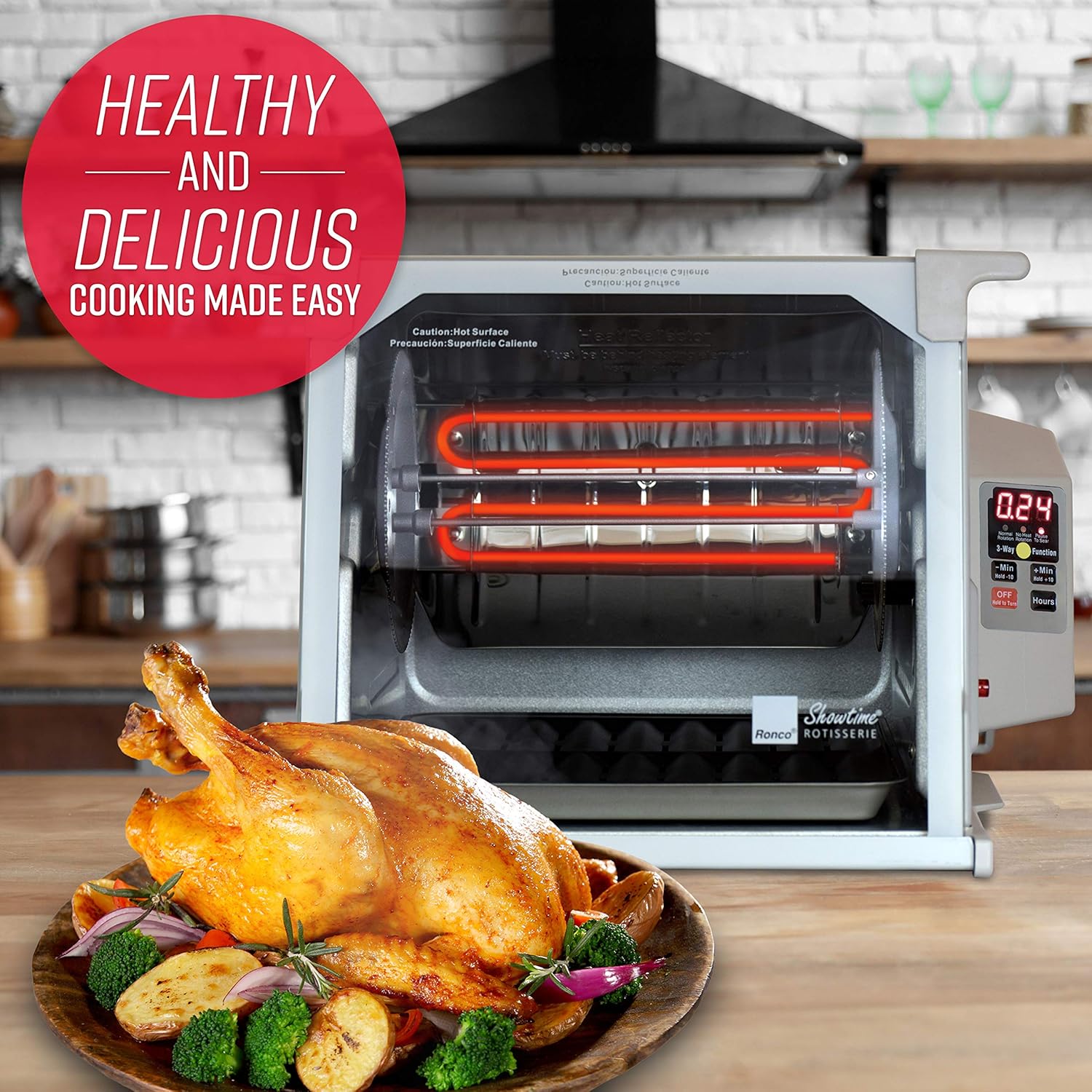 Ronco Showtime Large Capacity Rotisserie & BBQ Oven Platinum Edition, Digital Controls, Perfect Preset Rotation Speed, Self-Basting, Auto Shutoff, Includes Multipurpose Basket