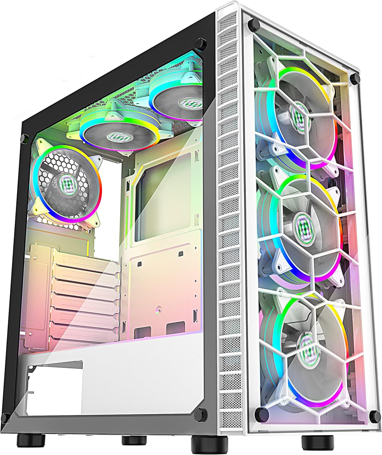MUSETEX Mid-Tower ATX PC Case, Computer Gaming Case with 6pcs 120mm ARGB Fans, 2 Tempered Glass Panels Desktop Cases, USB 3.0, White, S6-BB