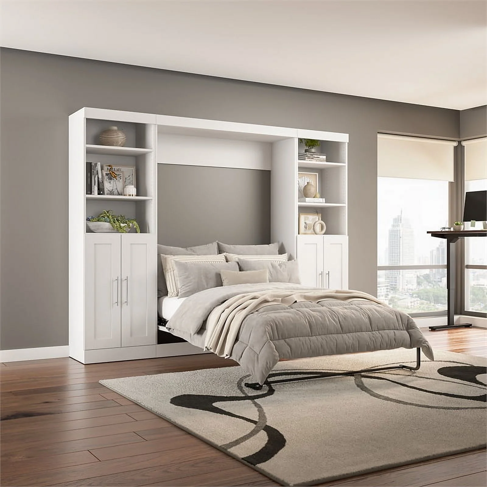 Bestar Pur 109" Engineered Wood Full Murphy Bed with Closet Storage in White