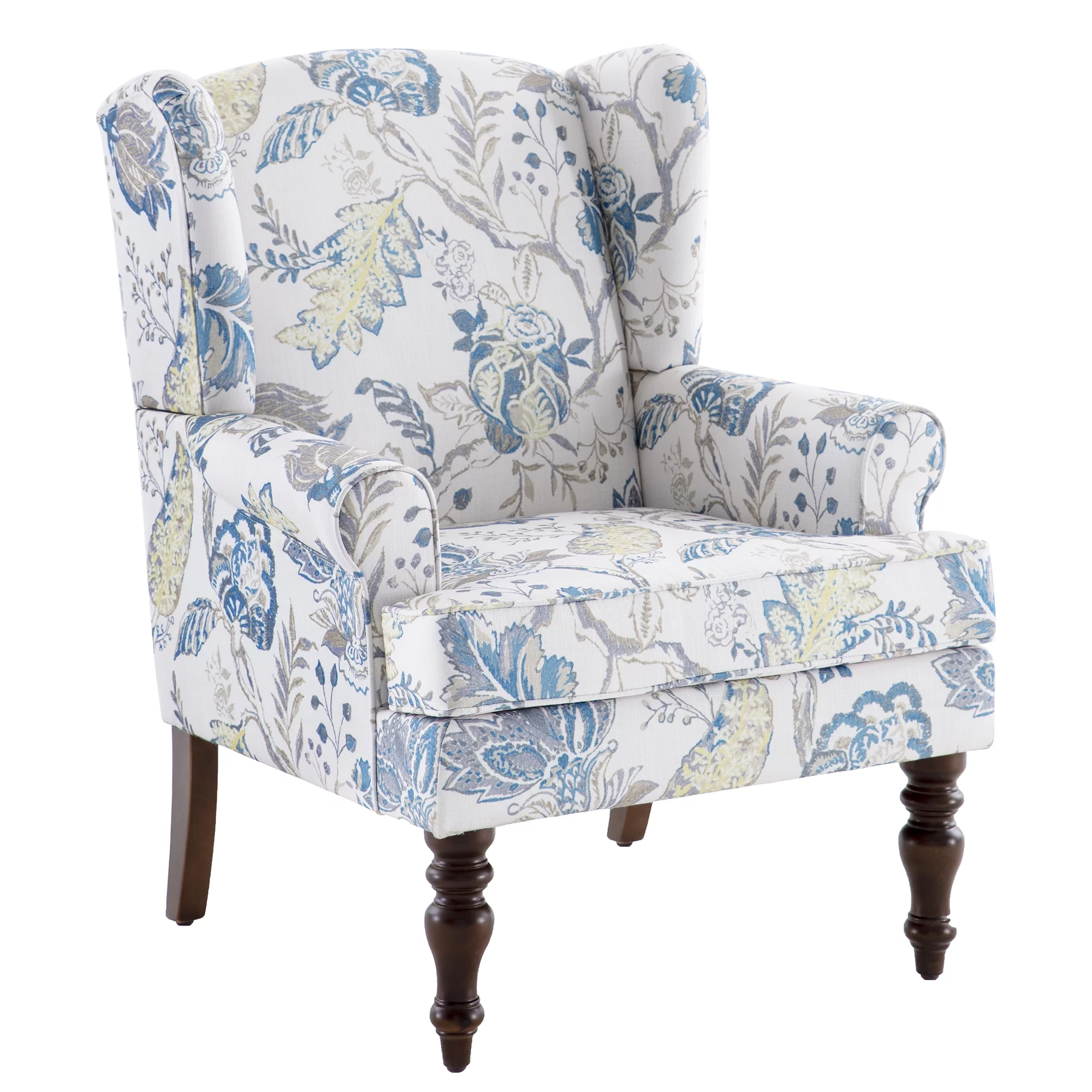 HUIMO Wingback Accent Chair, Upholstered Mid Century Modern Armchair with Solid Wood Legs, Fabric Linen Leisure Single Sofa Chair for Living Room, Bedroom, Comfy Reading Chair, Blue Floral Print