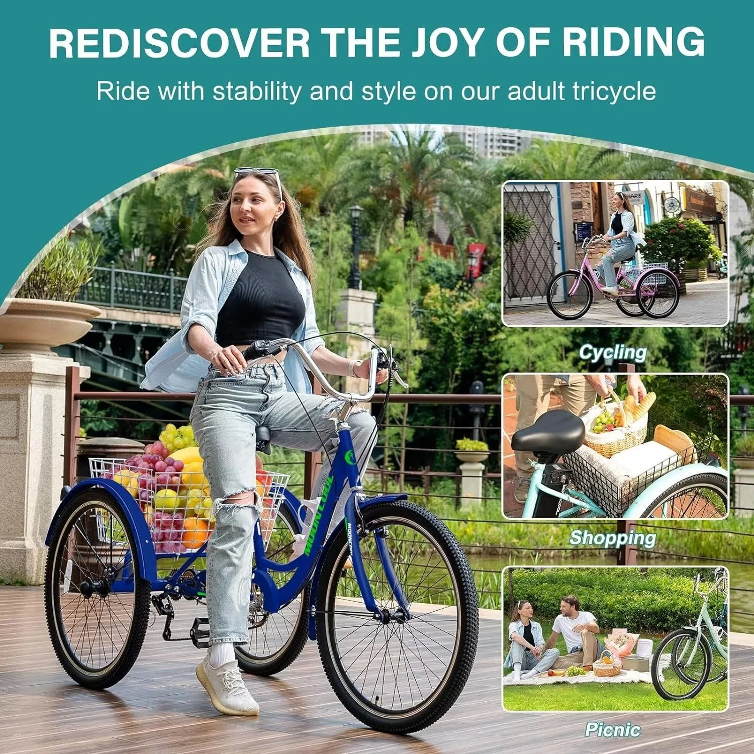 MOPHOTO Adult Tricycles 3 Wheel 7 Speed Trikes, 20/24/26 inch with Big Basket for Shopping, Picnics Exercise Men's Women's Senior's Trike