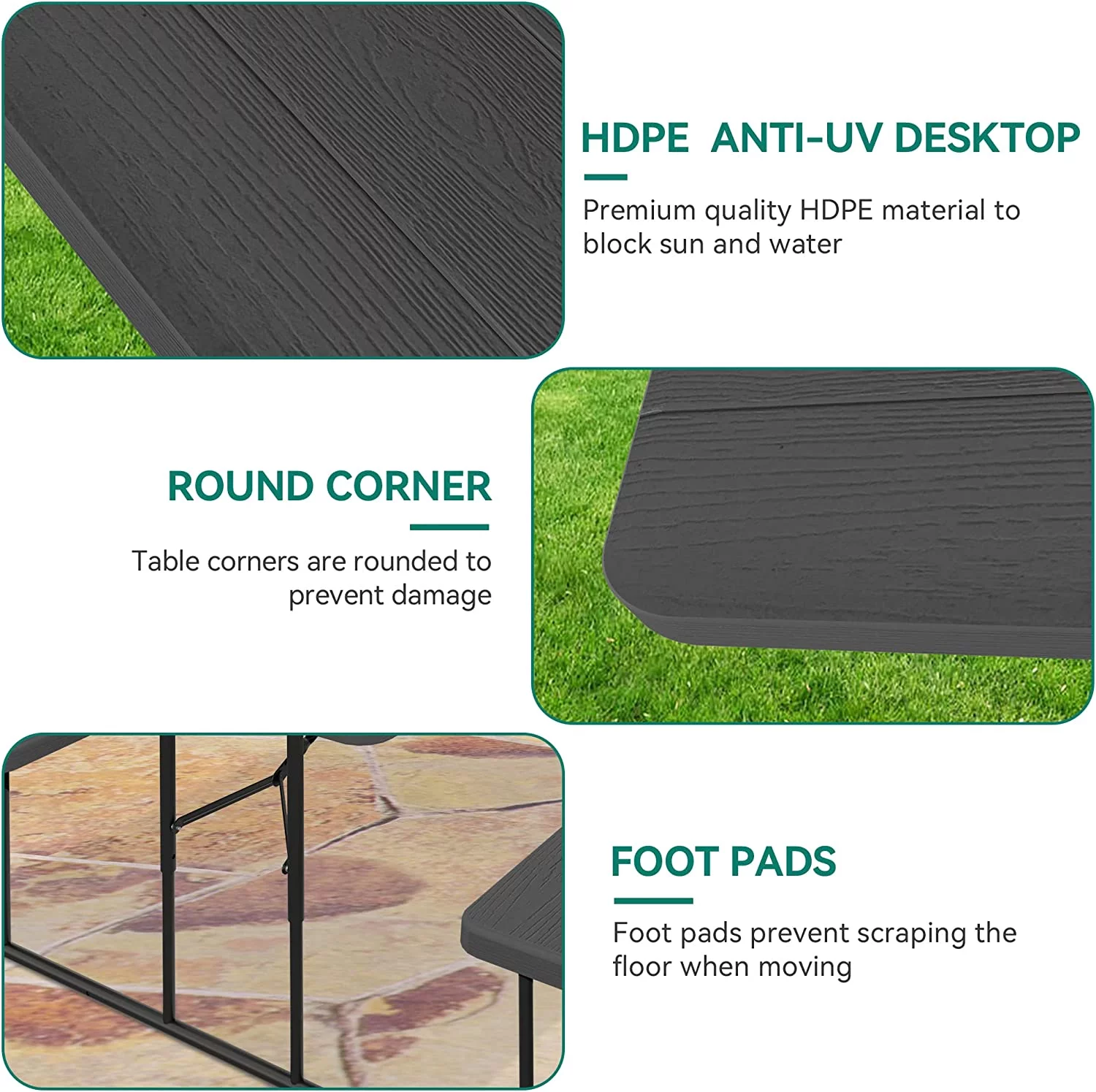 Dextrus 6ft Folding Picnic Table Heavy Duty Outdoor Picnic Table and Bench Resin Tabletop & Stable Steel Frame w/Umbrella Hole for Yard Patio Lawn Party Black