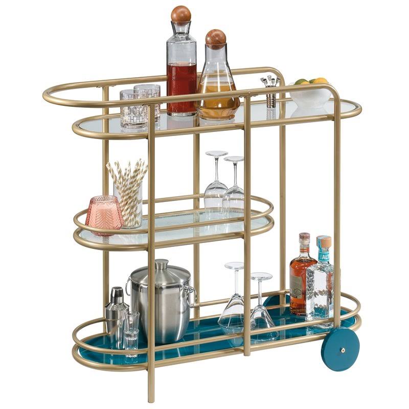 Pemberly Row Modern 3-Shelf Glass and Metal Bar Cart in Satin Gold
