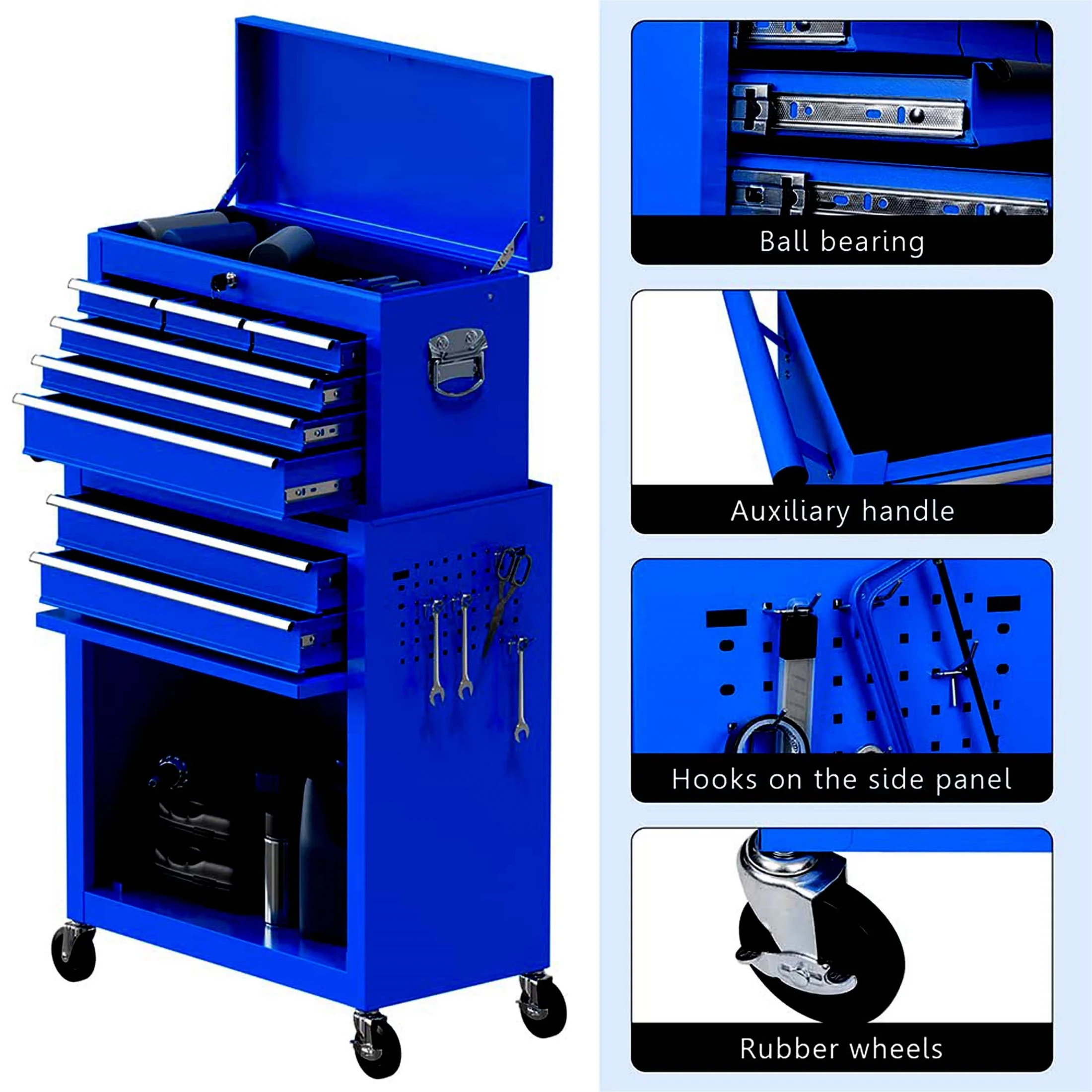 Aukfa Tool Chest, 2 in 1 Steel Rolling Tool Box & Cabinet On Wheels for Garage, 8-Drawer, Blue