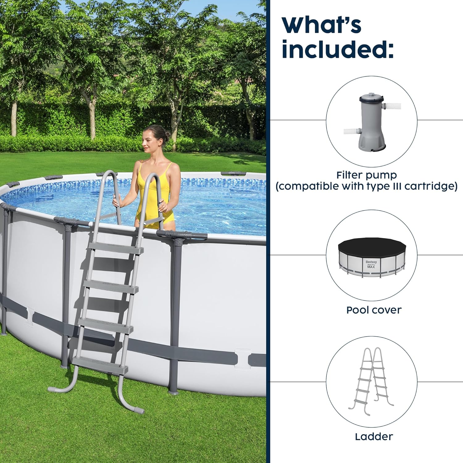 Bestway Steel Pro MAX 14 Foot x 48 Inch Round Metal Frame above Ground Outdoor Swimming Pool Set with 1,000 Filter Pump, Ladder, and Cover, Gray