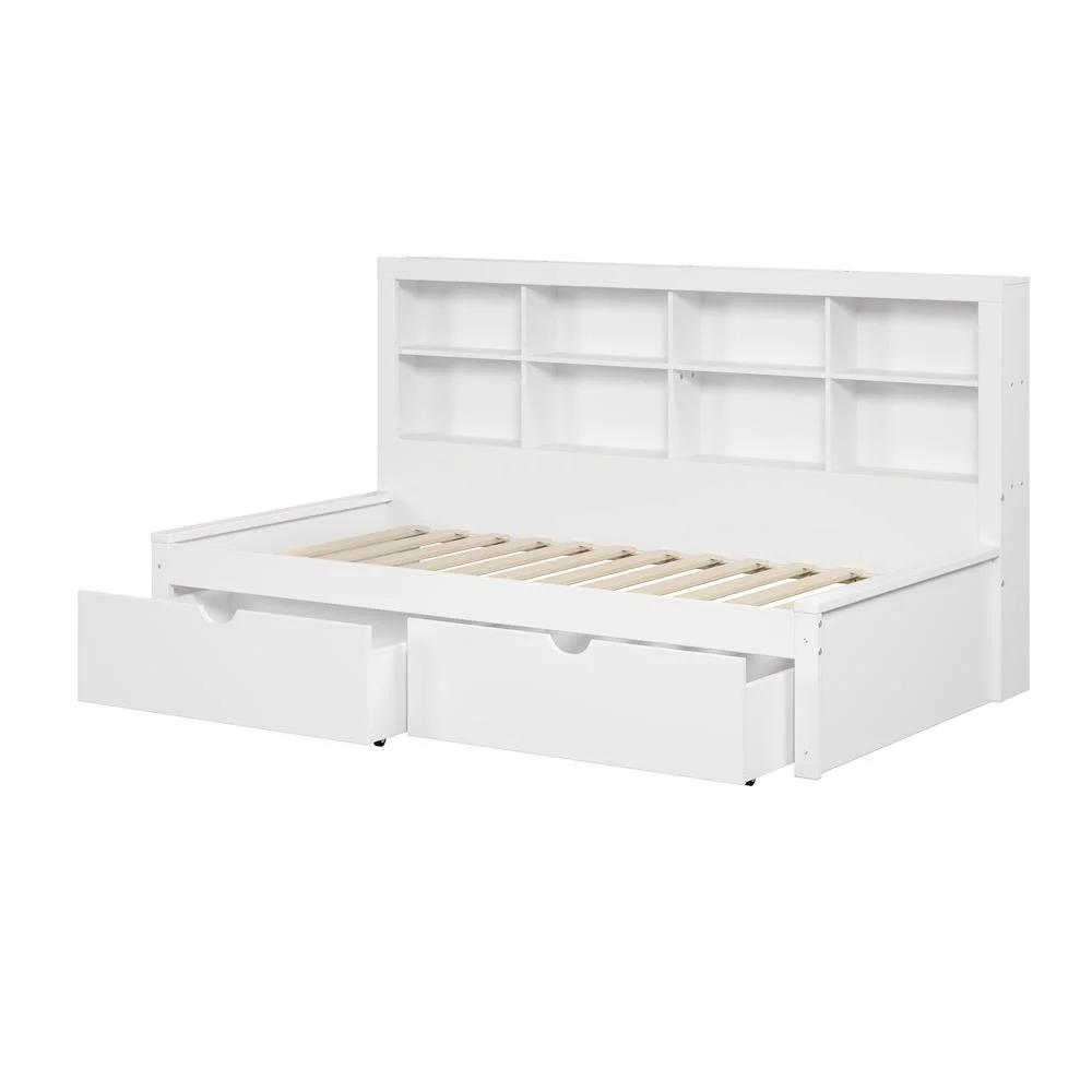 Twin Bookcase Day Bed in White w/ Dual Under Bed Drawers