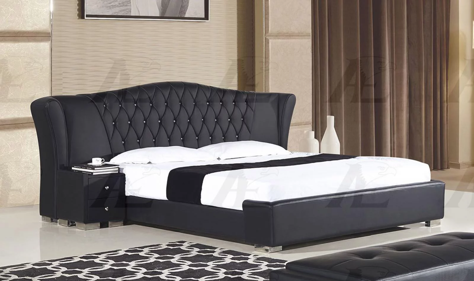 Black PU Cal King Size Bed and 2 Nightstands Set 3Pcs American Eagle B-D028
