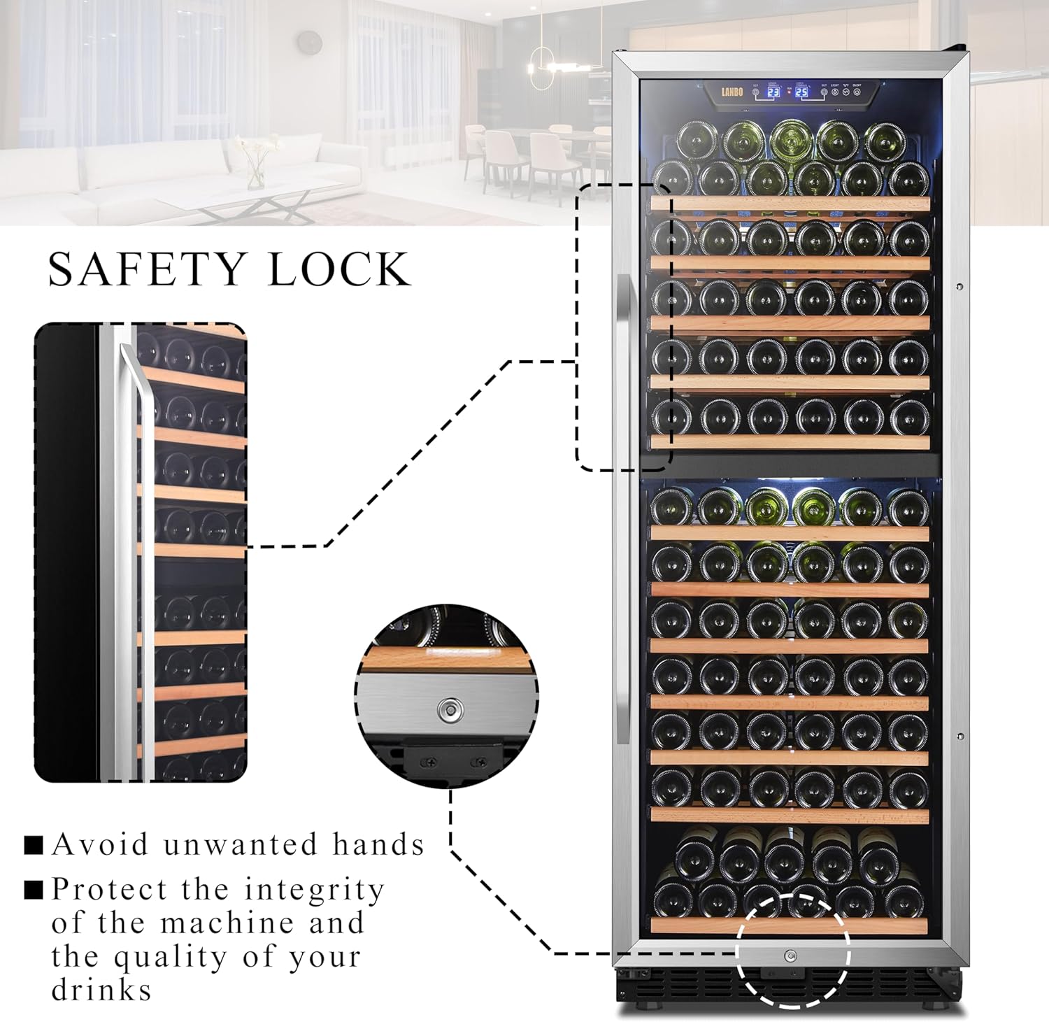 Lanbo Wine Cooler Refrigerator, 24 Inch 141 Bottle Dual Zone Wine Cellar with Safety Lock and Wood Shelves