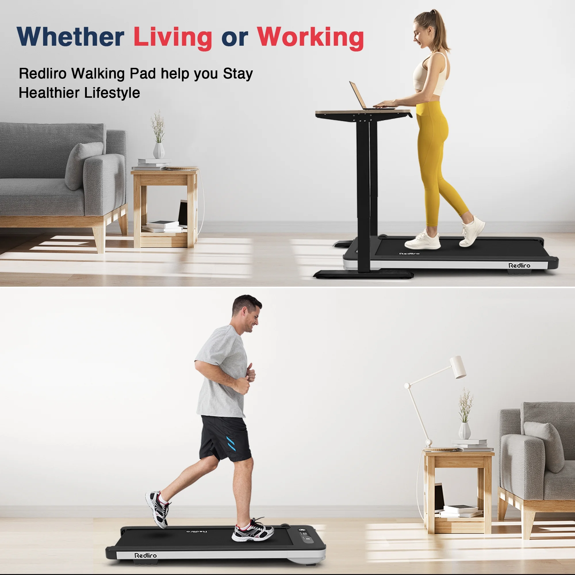 Redliro Under Desk Treadmill Walk Pad 2.25HP 300LBS Anti-Slip Belt Compact for Home Office, Silver