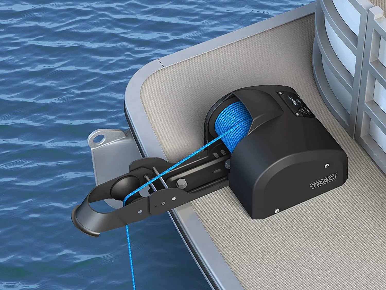 Camco TRAC Outdoors Pontoon 35-G3 Electric Anchor Winch | Features a High-Efficiency, 12-Volt DC, All Steel Gear Motor and 100-feet of Pre-Wound Double-Braid Anchor Rope (69003)