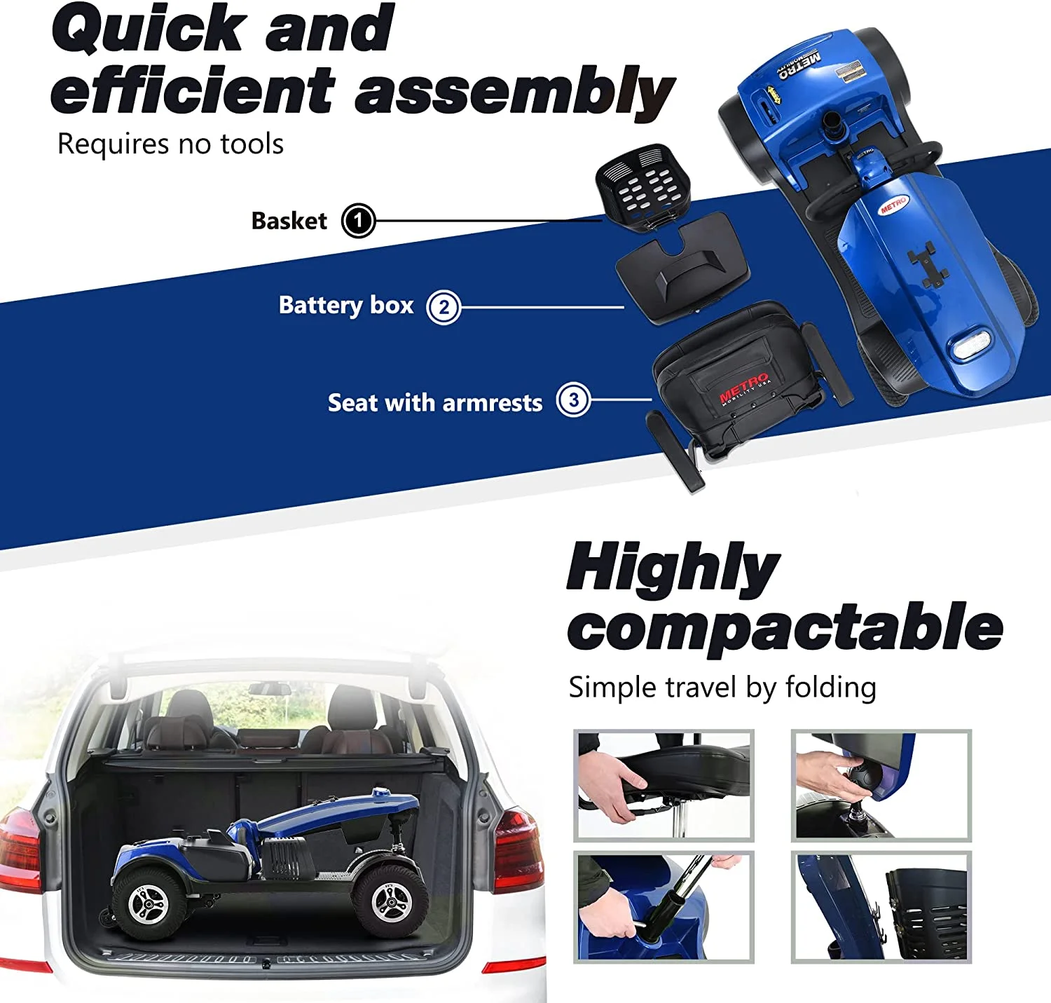 Metro Mobility Senior Scooter Folding Scooter 4 Wheel Scooter with USB Port Purple