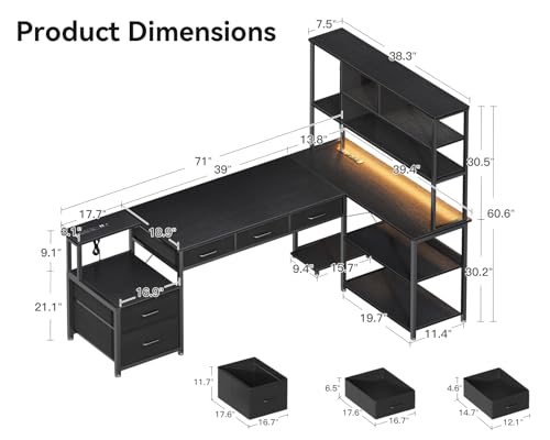 AODK 71 inch L Shaped Desk with File Drawers, Reversible L Shaped Gaming Desk with Power Outlets & LED Lights, Computer Desk with Storage Shelves for Home Office, Black