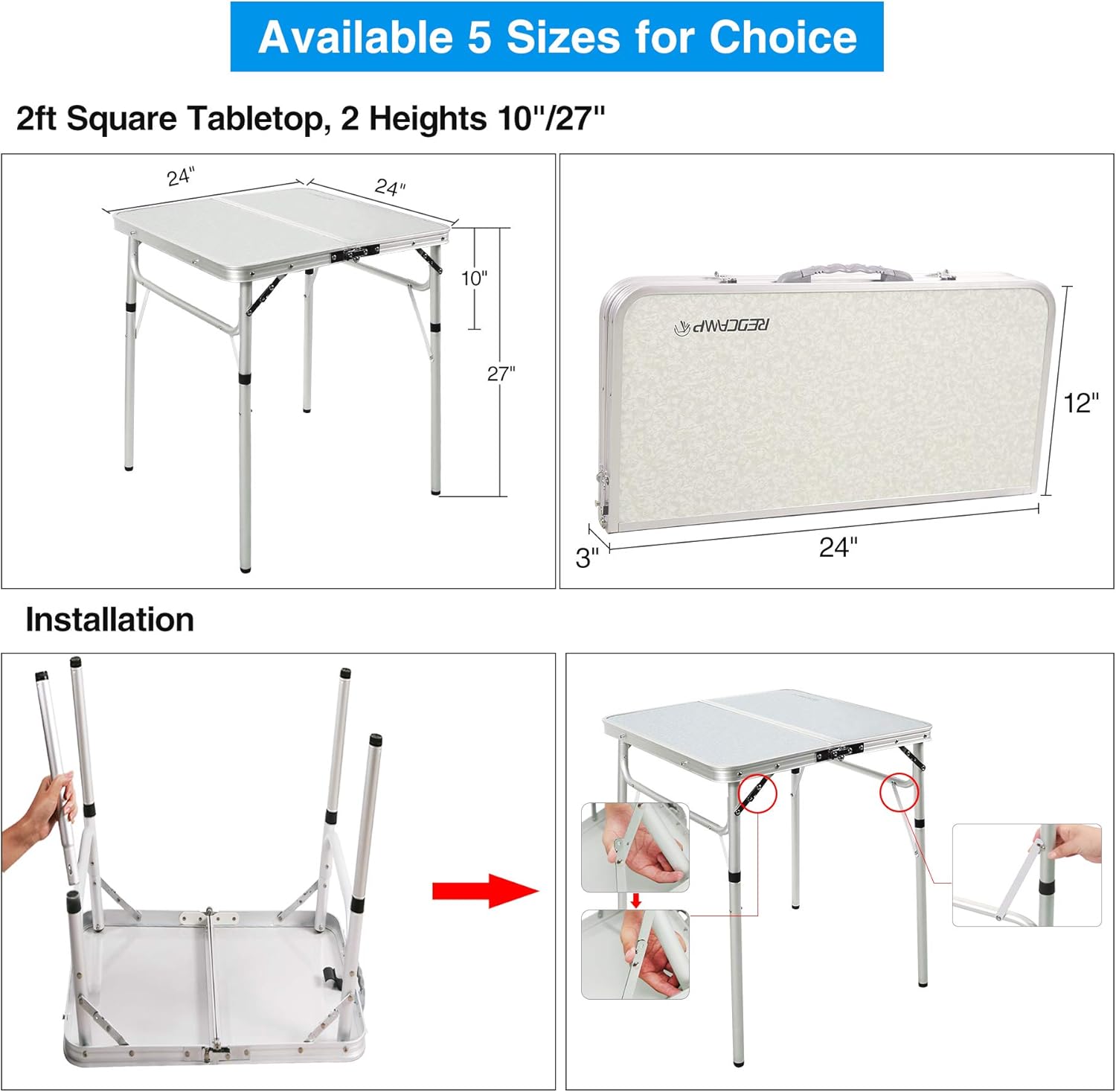 REDCAMP Folding Camping Table, 4ft Portable Aluminum Outdoor Folding Table Camp Table Adjustable Height Lightweight for Picnic Cooking Beach