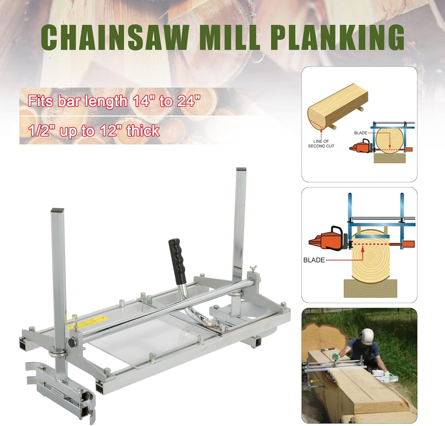 ZELCAN Portable Chainsaw Mill, 14 to 24 Inches Aluminum Steel Chainsaw Mill for Builders and Woodworker, Planking Milling Guide Bar and Wood Lumber Cutting Sawmill