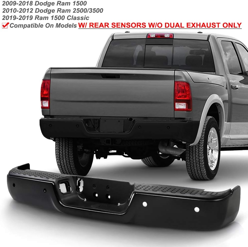 ACANII - For 2009-2018 Dodge Ram 1500 w/Sensor Holes w/o Dual Exhaust Black Steel Rear Step Bumper Complete Assembly