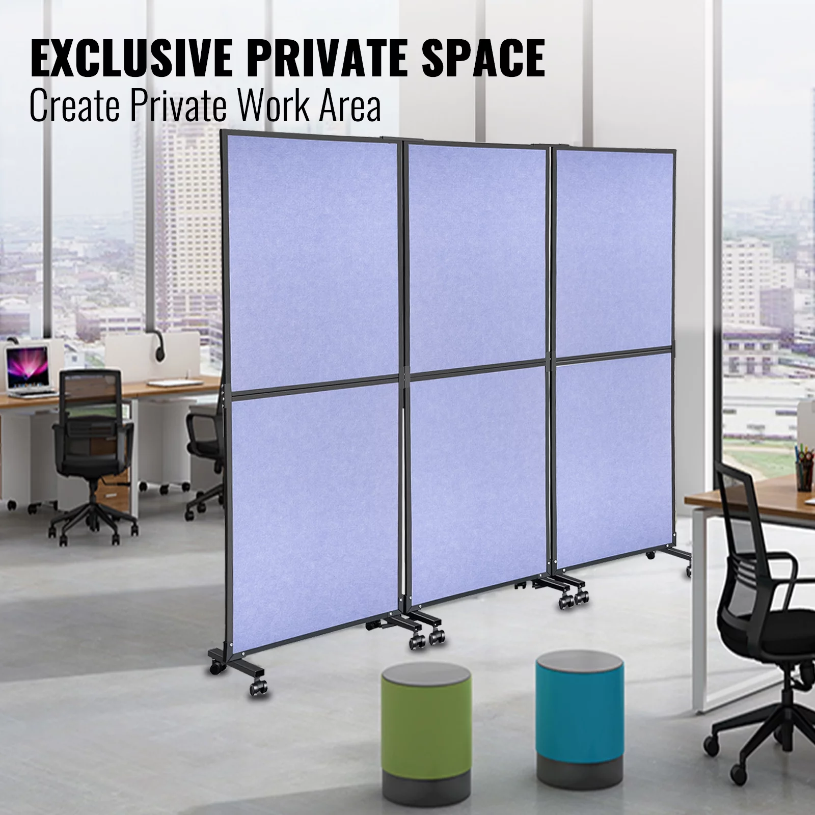 VEVORbrand Office Partition 72" x 66" Room Divider 3 Pack Office Divider Wall Blue Office Dividers Partition Wall Polyester & 45 Steel Cubicle Wall Reduce Noise and Visual Distractions