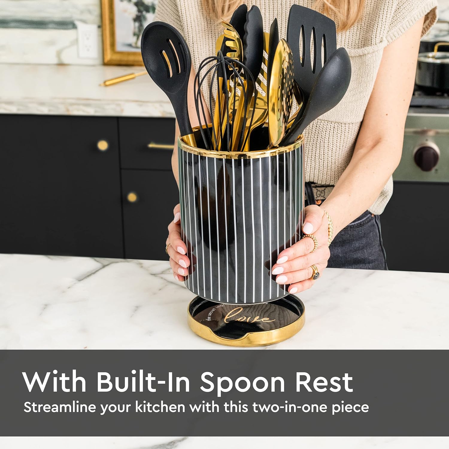 Black and Gold Knife Set with Block Self Sharpening, Black Utensil Holder with Built-In Ceramic Spoon Rest and Gold Cooking Utensils Set-21 Piece Luxe Black and Gold Kitchen Accessories