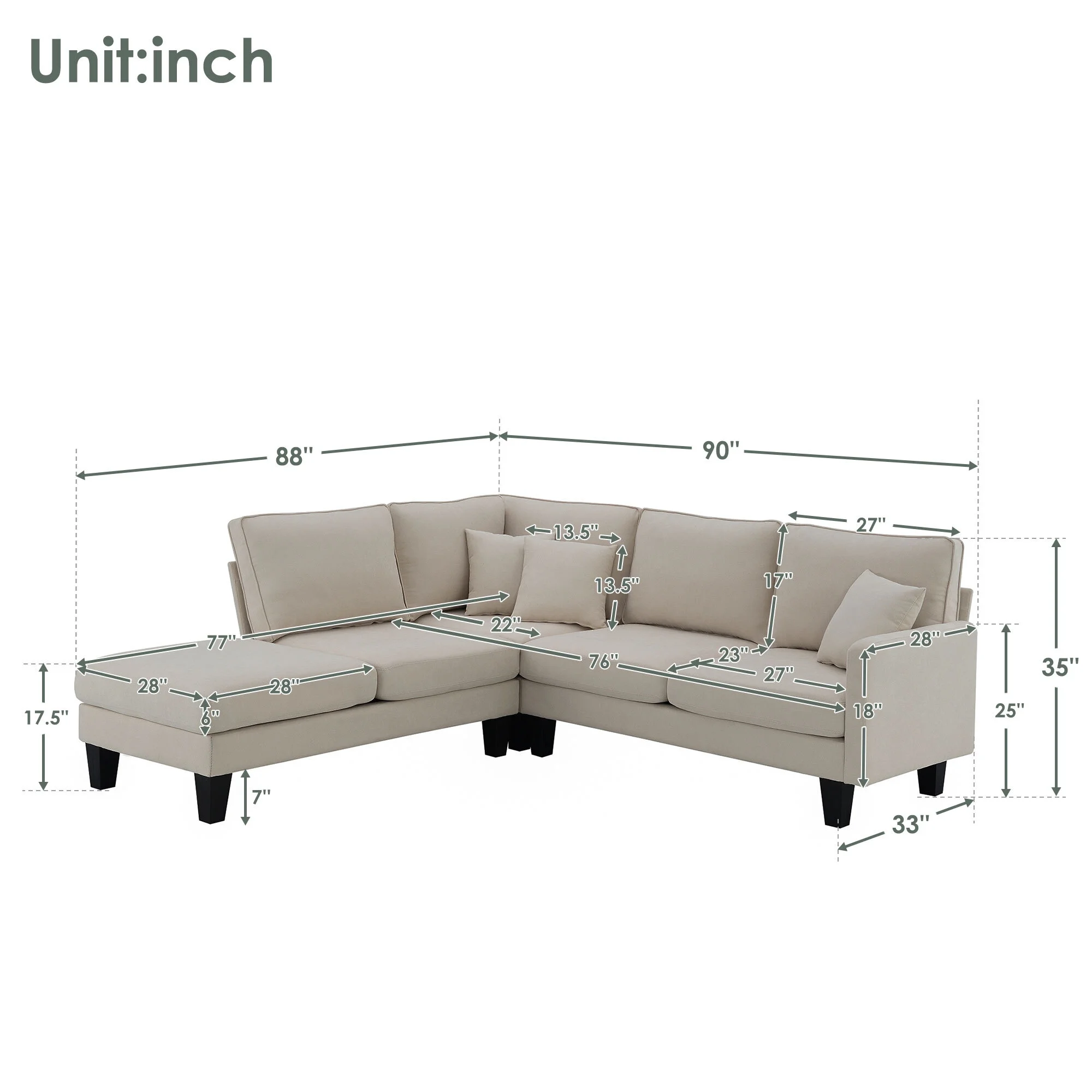 EUROCO 90" Modern L-Shaped Sectional Sofa Couch, Terrycloth 5-Seat Indoor Furniture Sofa with Chaise Lounge, 3 Pillows for Living Room,Apartment,Office, Beige - Curated Treasures Market