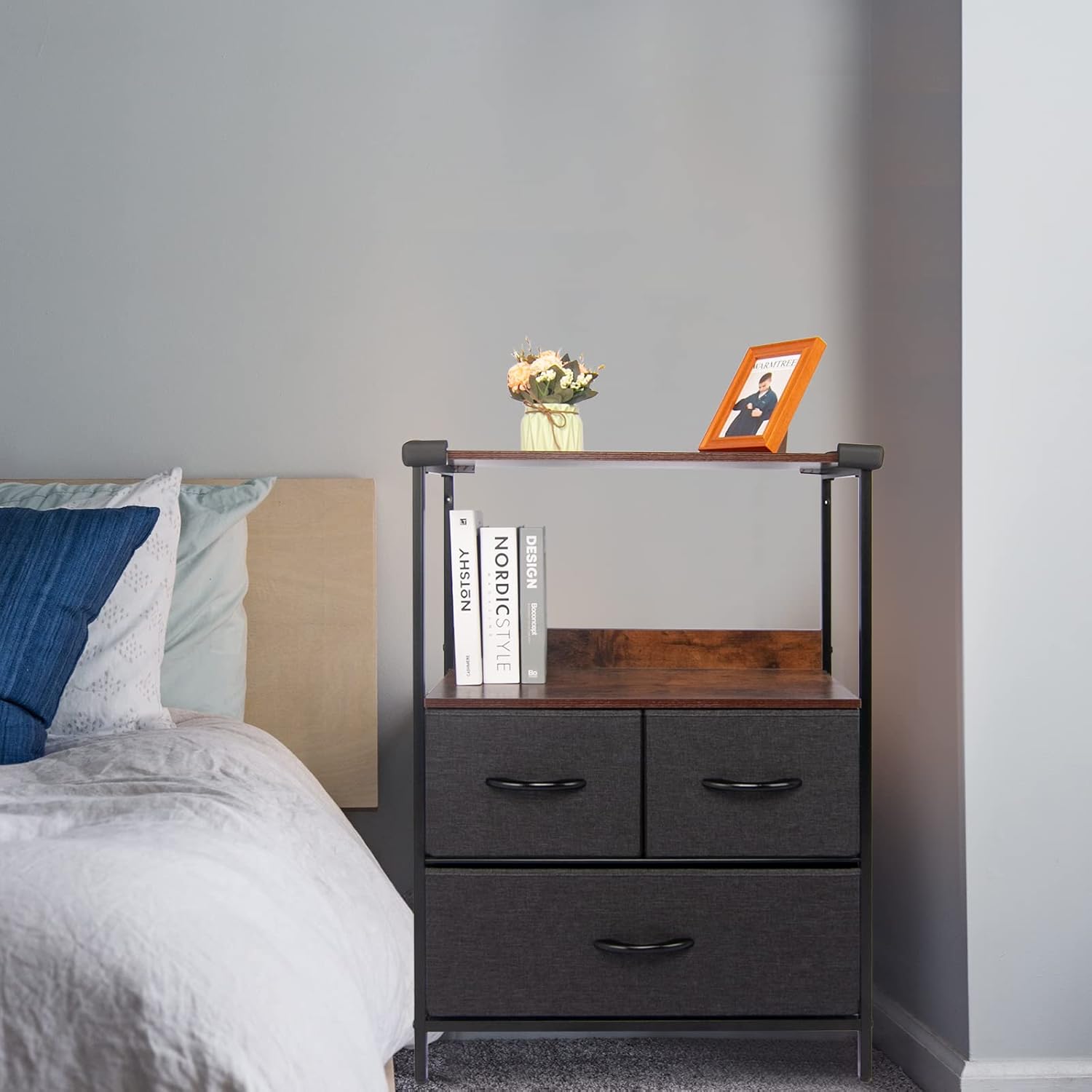 CONNOO Large Storage Dresser Unit, Wide Standing Fabric Dresser Room Organizer Cabinet for Bedroom, Hallway, Entryway, Closet, Nursery, 5 Removable Drawers Storage Tower, Wooden Top & Easy Pull Handle