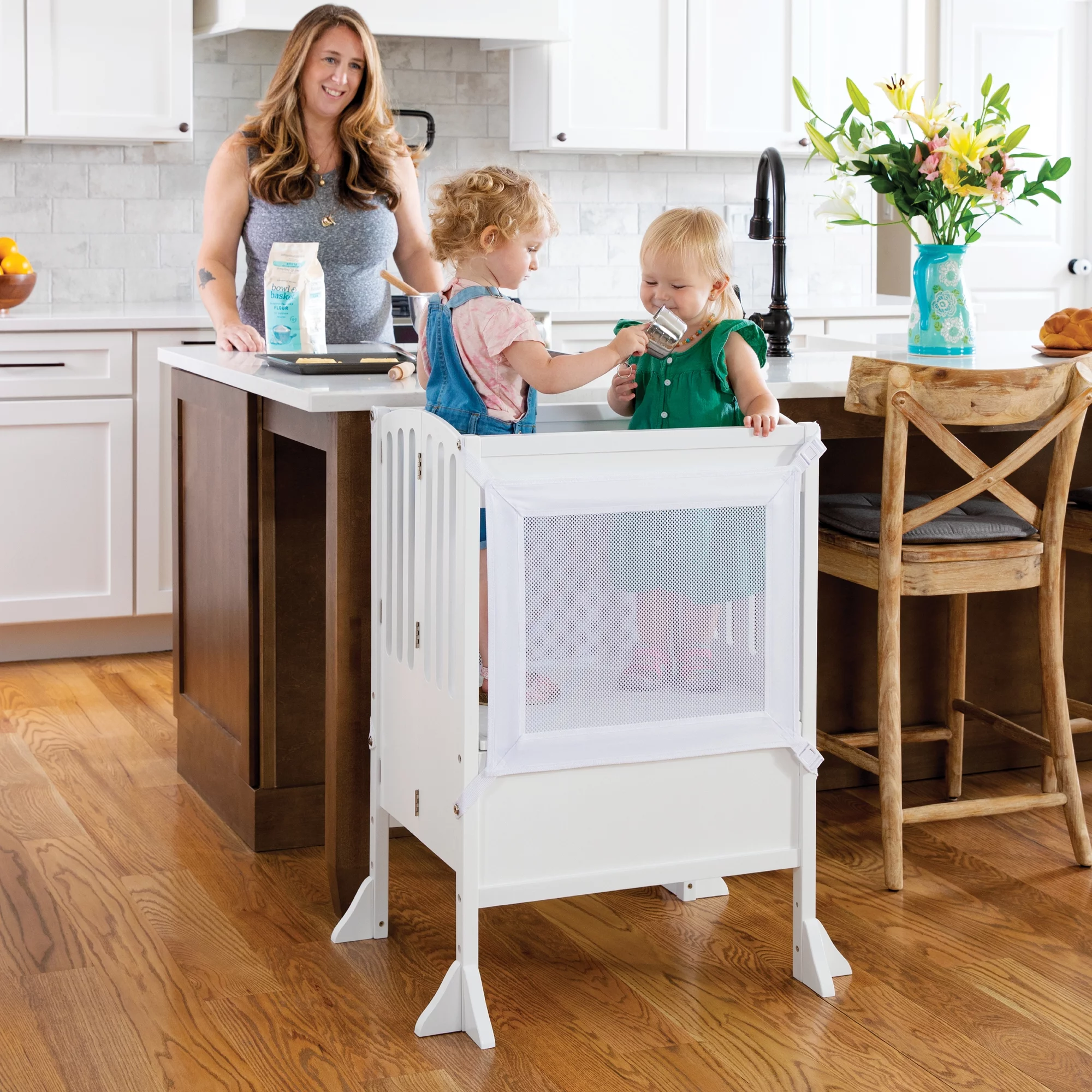Guidecraft Contemporary Double Kitchen Helper® Stool - White: Extra-Wide Foldable Safety Tower for Two Toddlers; Adjustable Height, Wooden Counter Step Stool | Little Kids Learning Furniture
