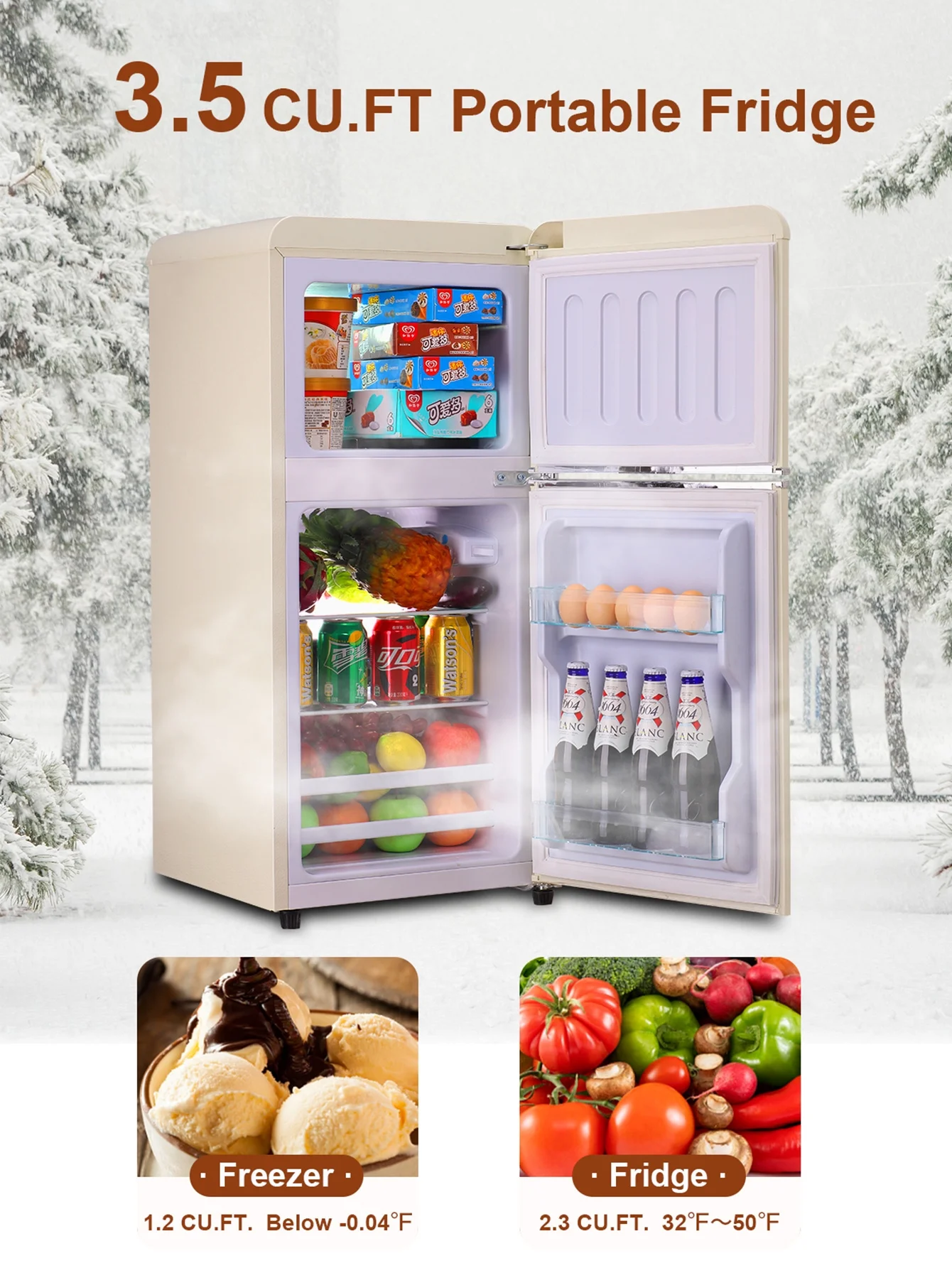 KRIB BLING 3.5 Cu.ft Mini Fridge with 7 Level Thermostat, Compact Refrigerator with Freezer on Top, Ideal for Dorm, Office, Cream