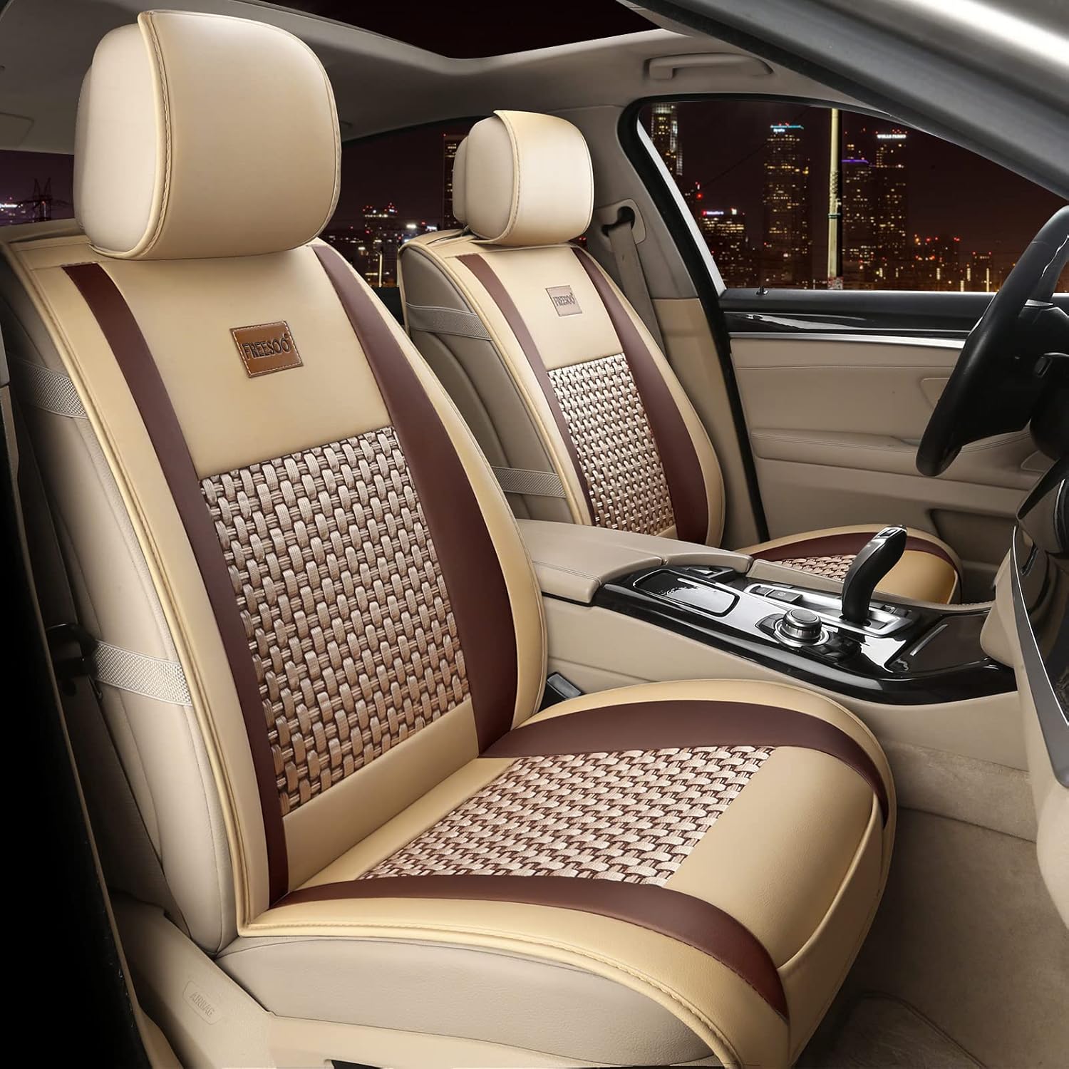 FREESOO Car Seat Cover Leather, Car Seat Covers Full Set Front Rear Automotive Waterproof Universal for 5 Seats Vehicle Year Round Use (Black White 2)