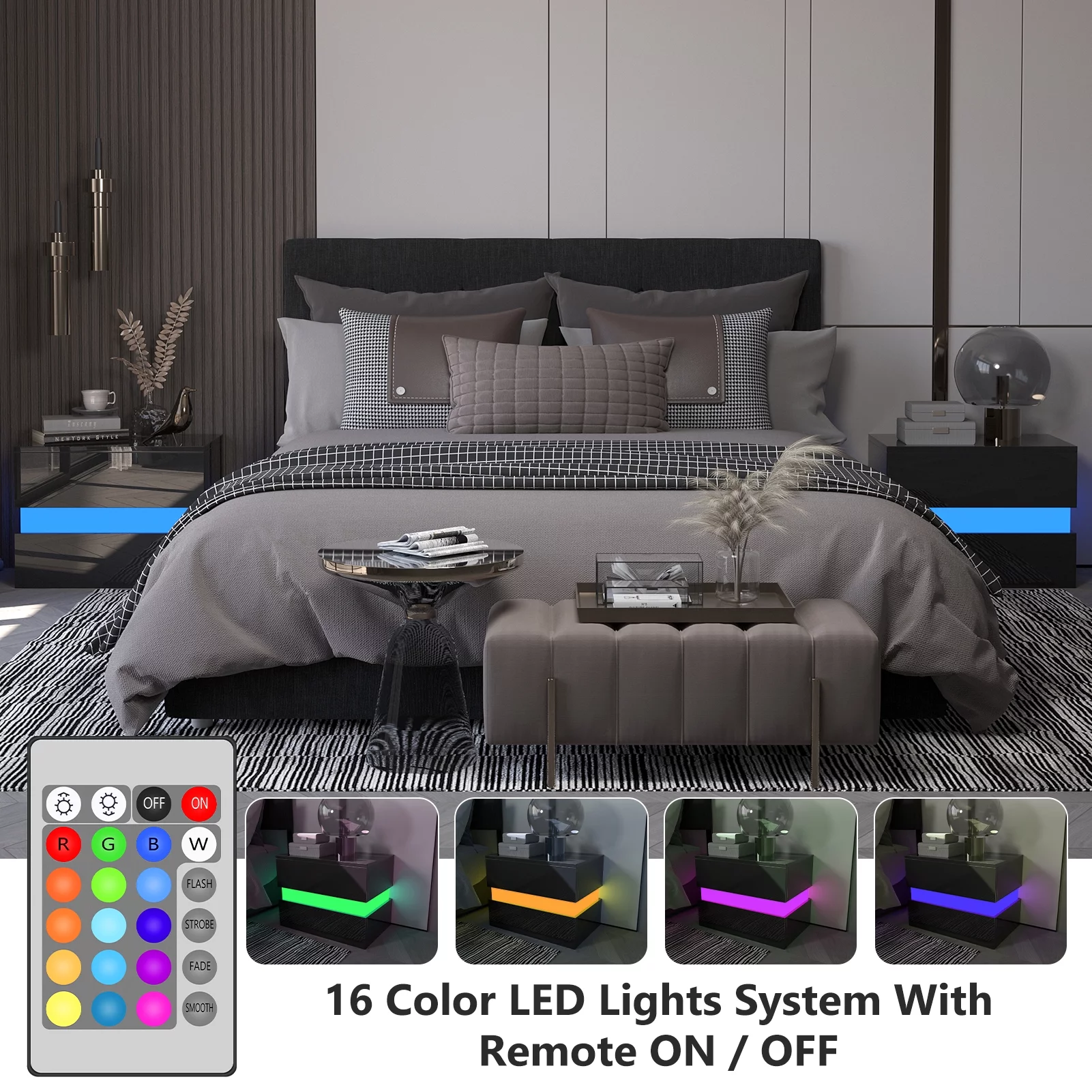 LED Nightstand Set of 2 with 2 Storage Drawers, Modern High Gloss Bedside Table with Led Lights, End Table for Bedroom Furniture, Black