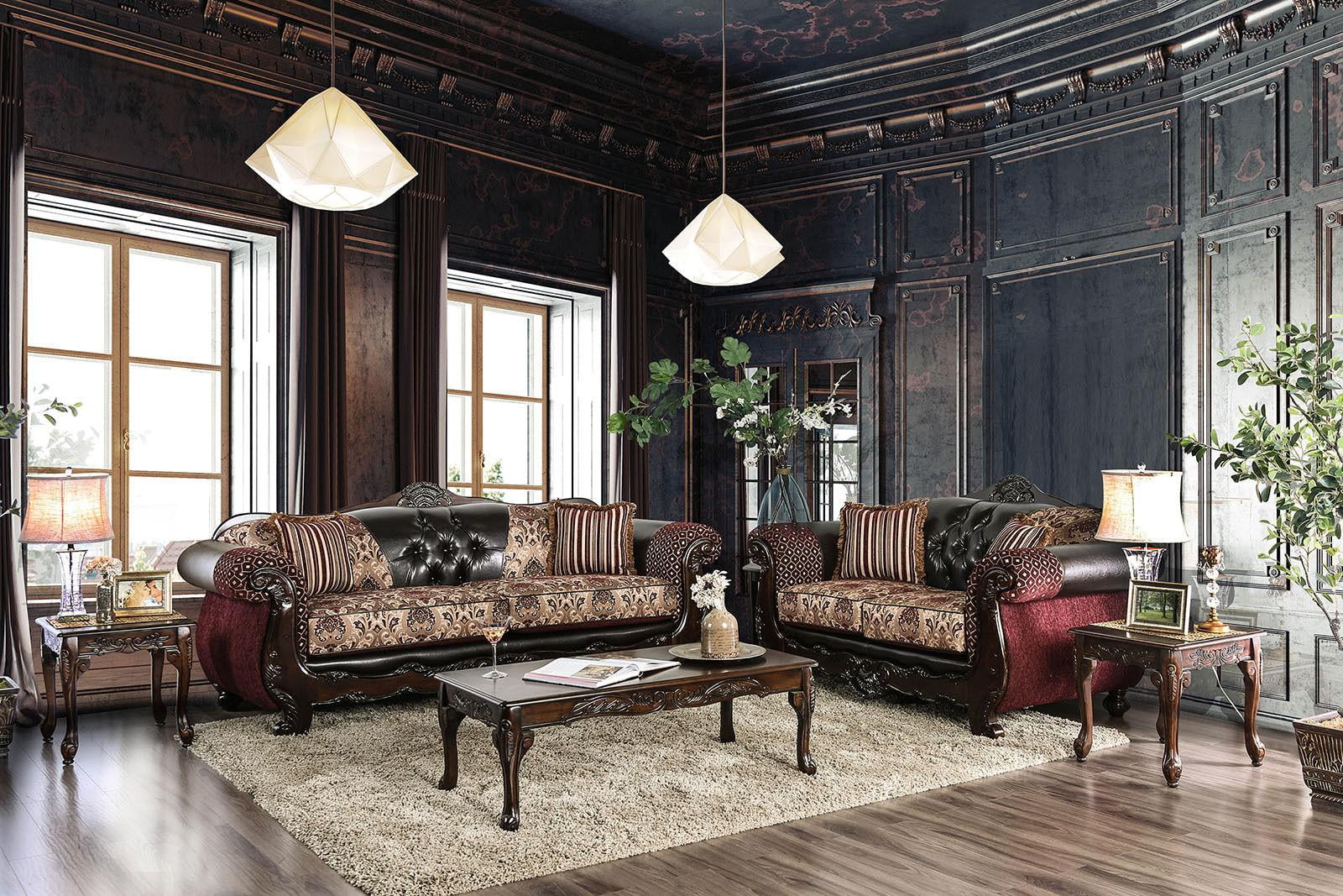 Traditional Burgundy & Dark Brown Chenille Sofa and Loveseat FOA Quirino