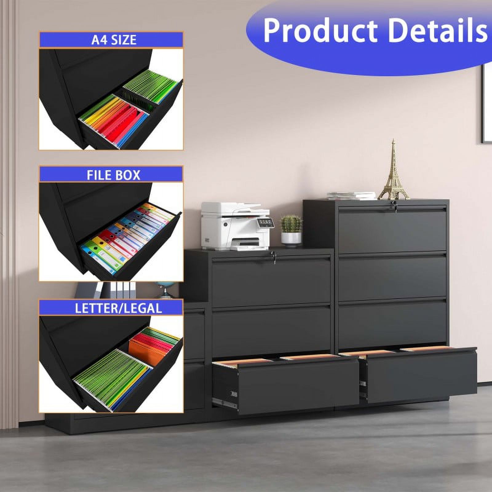 Lateral File Cabinet 3 Drawer, Black Filing Cabinet with Lock, Lockable File Cabinet for Home Office, Locking Metal File Cabinet for Legal/Letter/A4/F4 Size - Curated Treasures Market